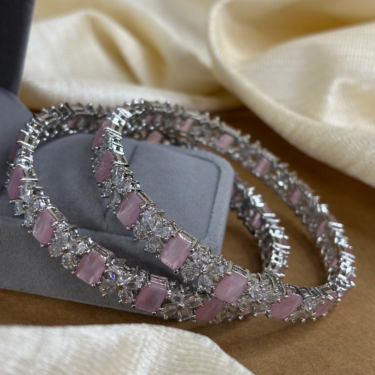 Blush Pink Elegance – Rhodium-Plated Bangles with AD and Rose Quartz Stones | B-B2-004