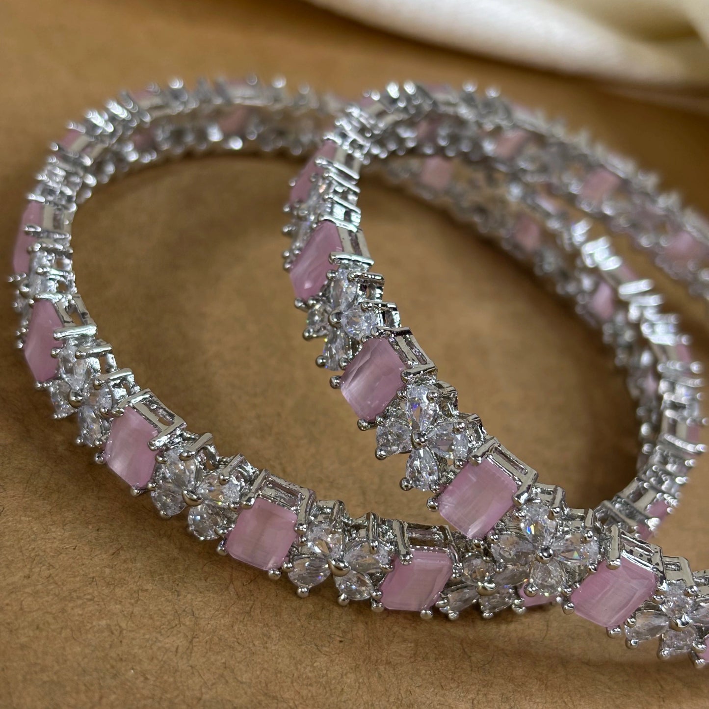 Blush Pink Elegance – Rhodium-Plated Bangles with AD and Rose Quartz Stones | B-B2-004