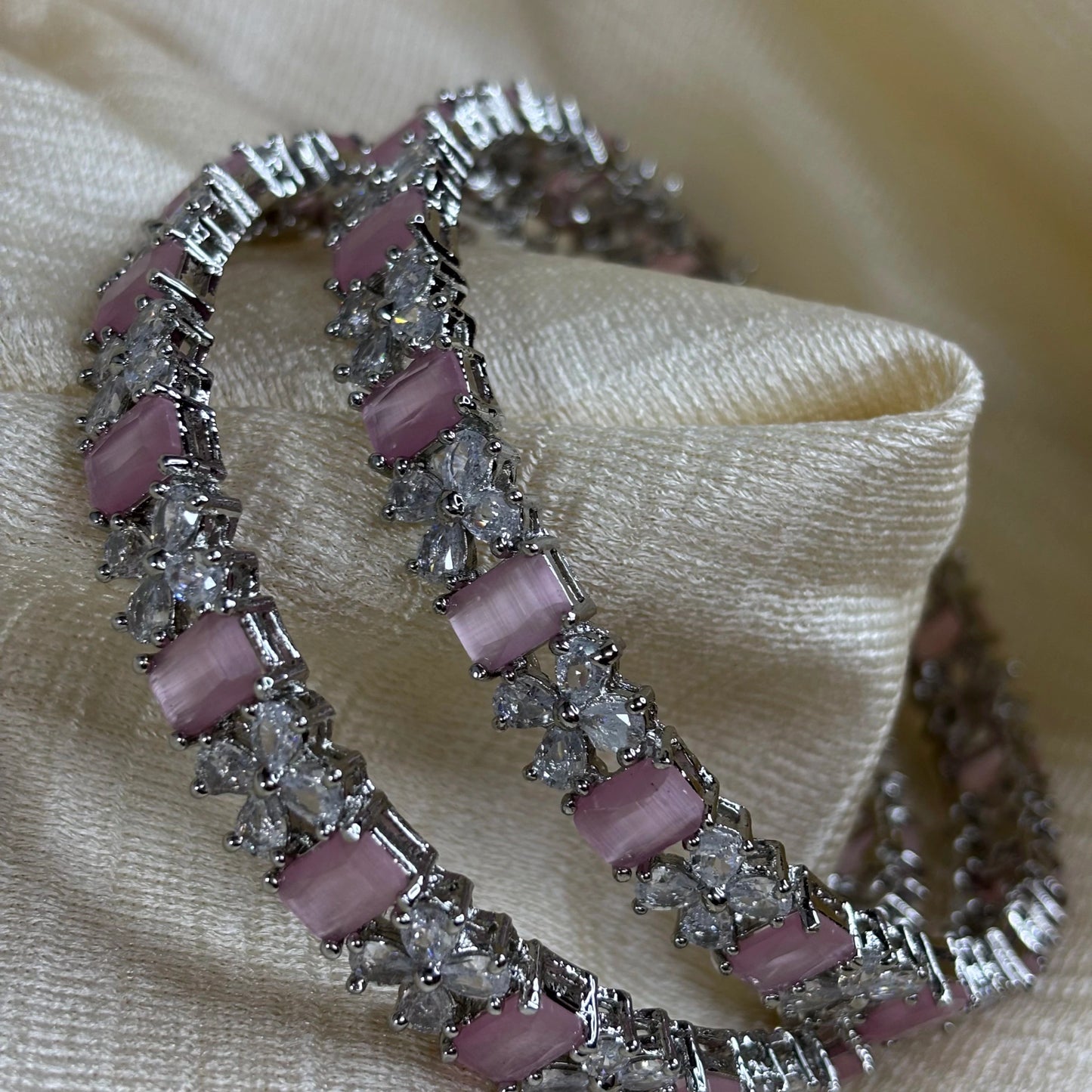 Blush Pink Elegance – Rhodium-Plated Bangles with AD and Rose Quartz Stones | B-B2-004