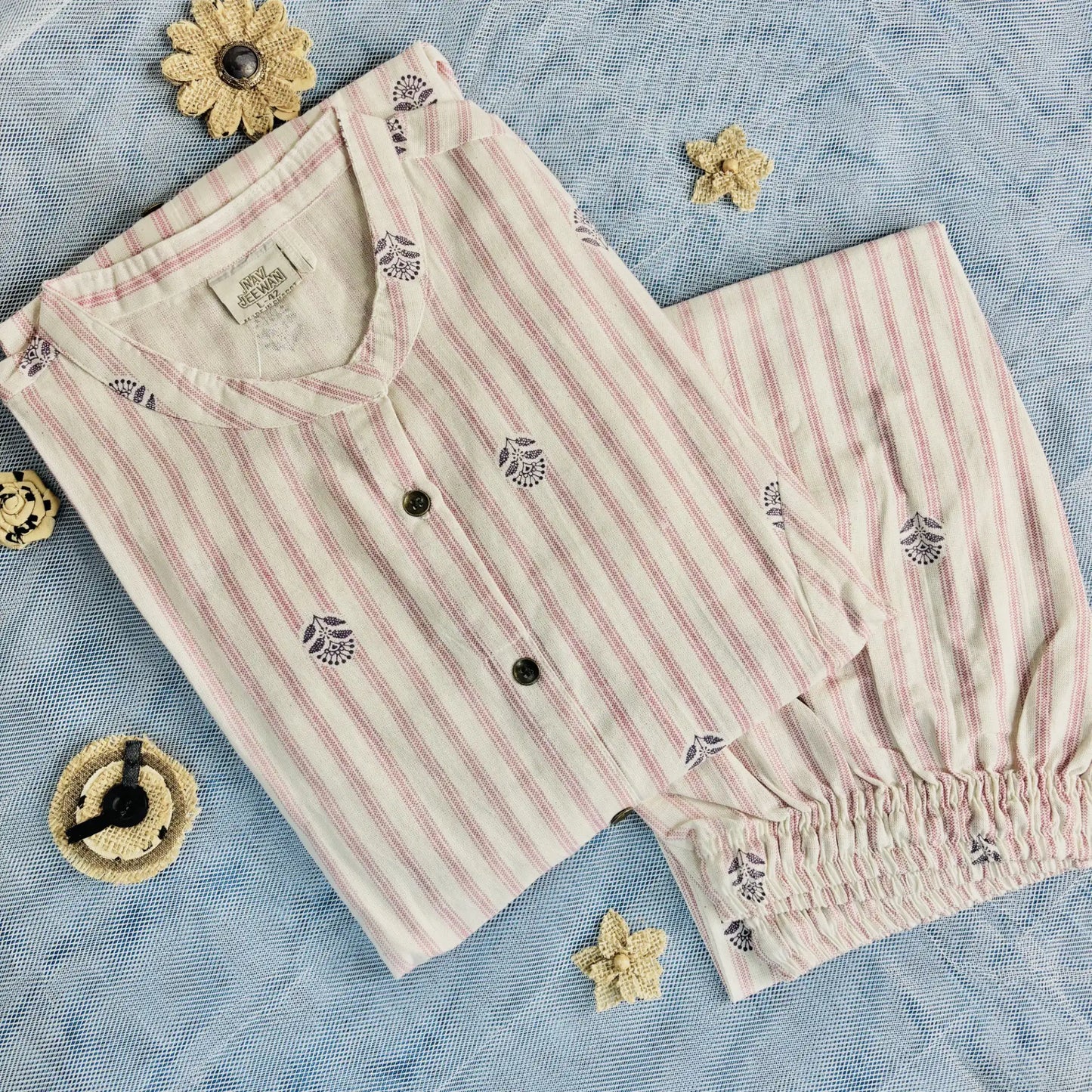 Pink Striped Kurthi Set with Floral Print | R2-006