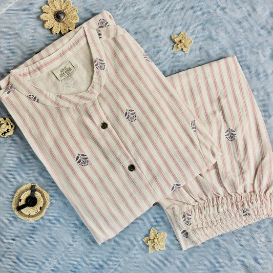 Pink Striped Kurthi Set with Floral Print | R2-006