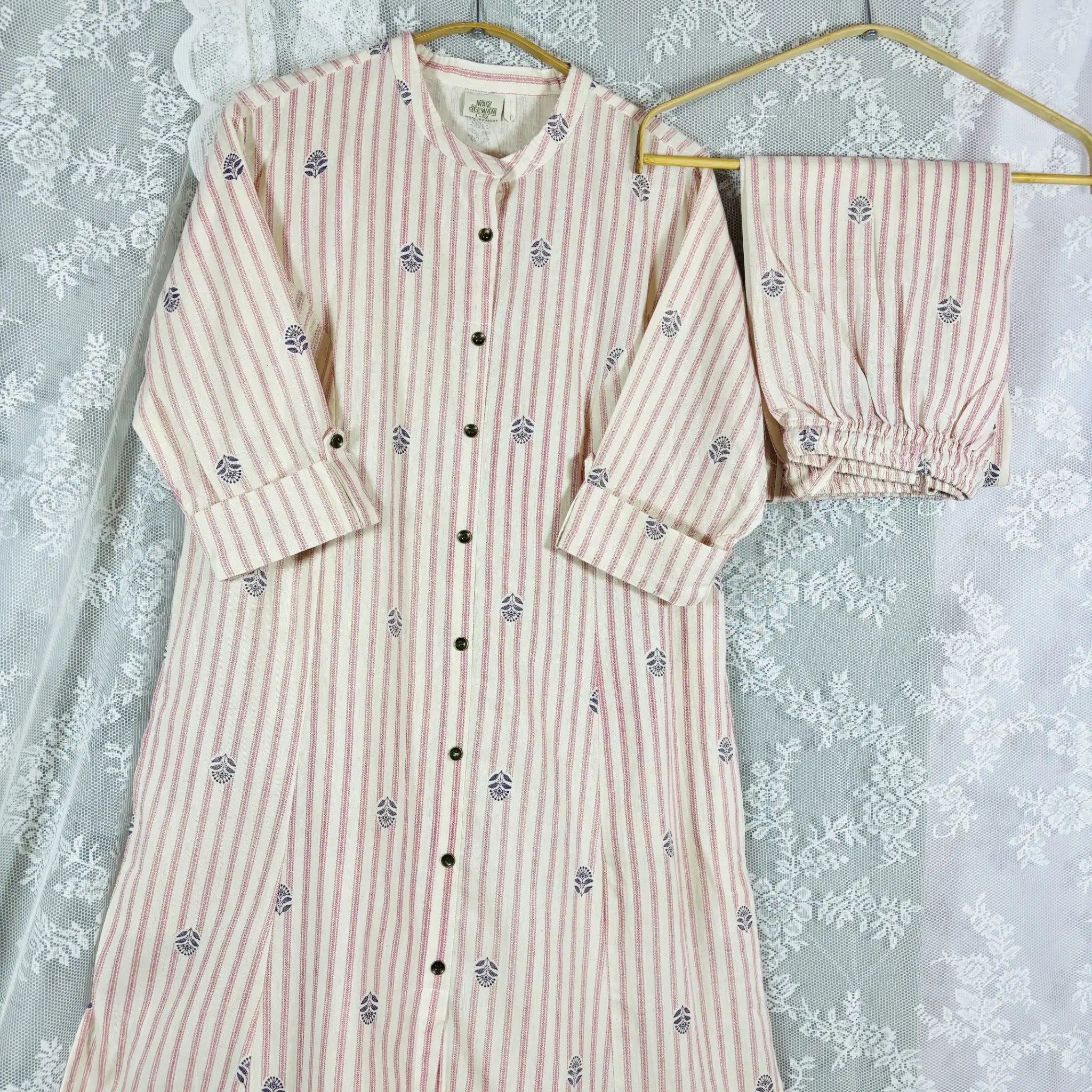 Pink Striped Kurthi Set with Floral Print | R2-006