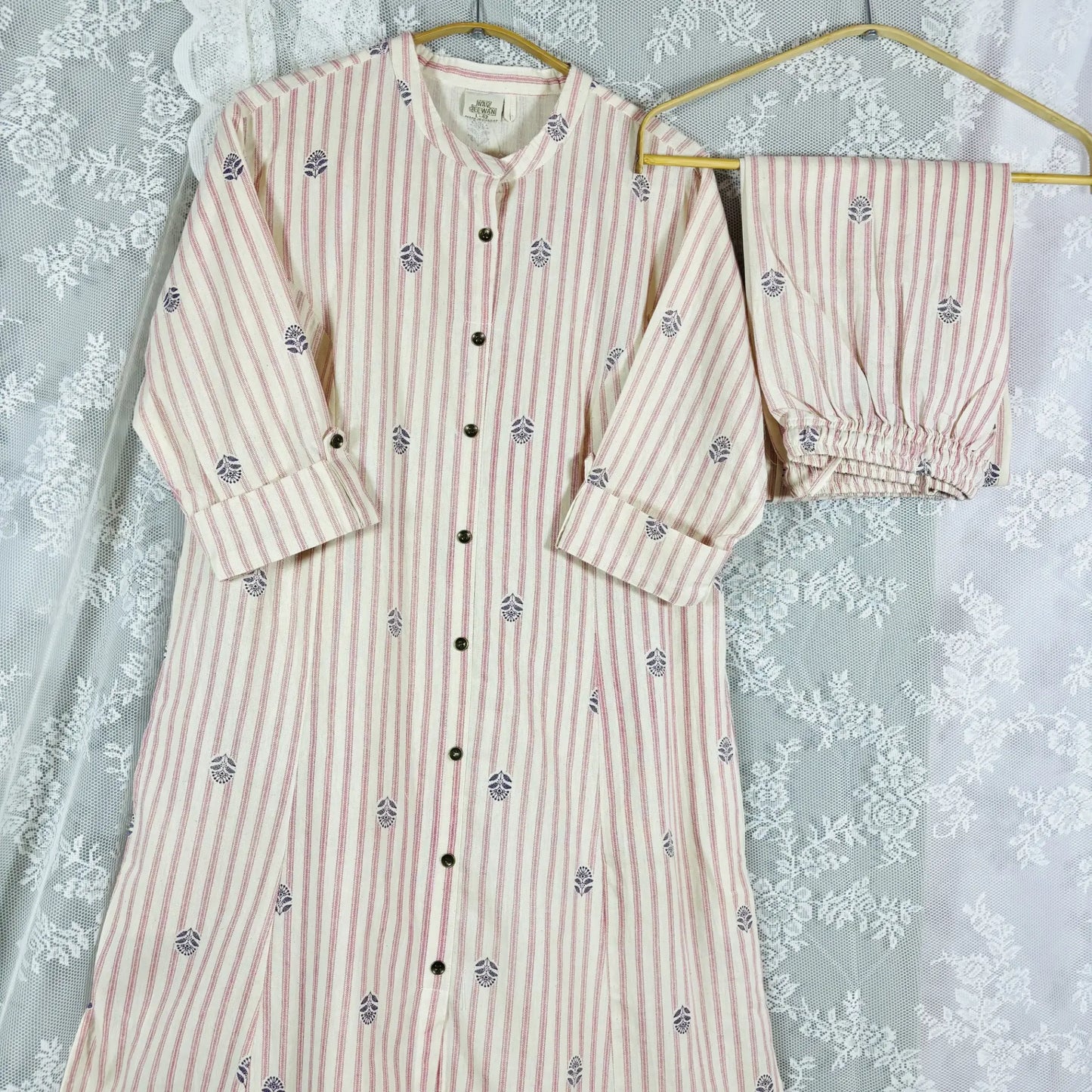 Pink Striped Kurthi Set with Floral Print | R2-006