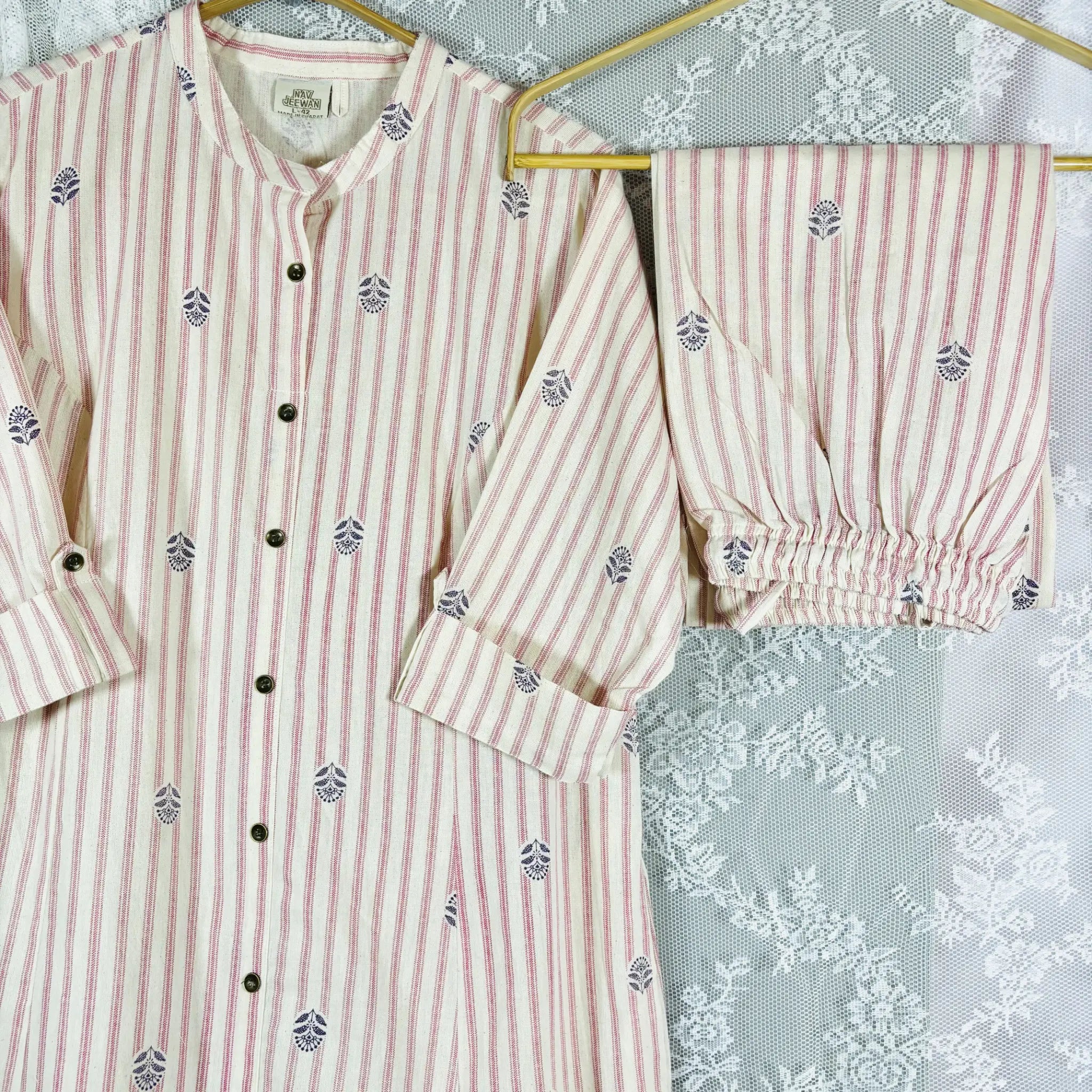 Pink Striped Kurthi Set with Floral Print | R2-006