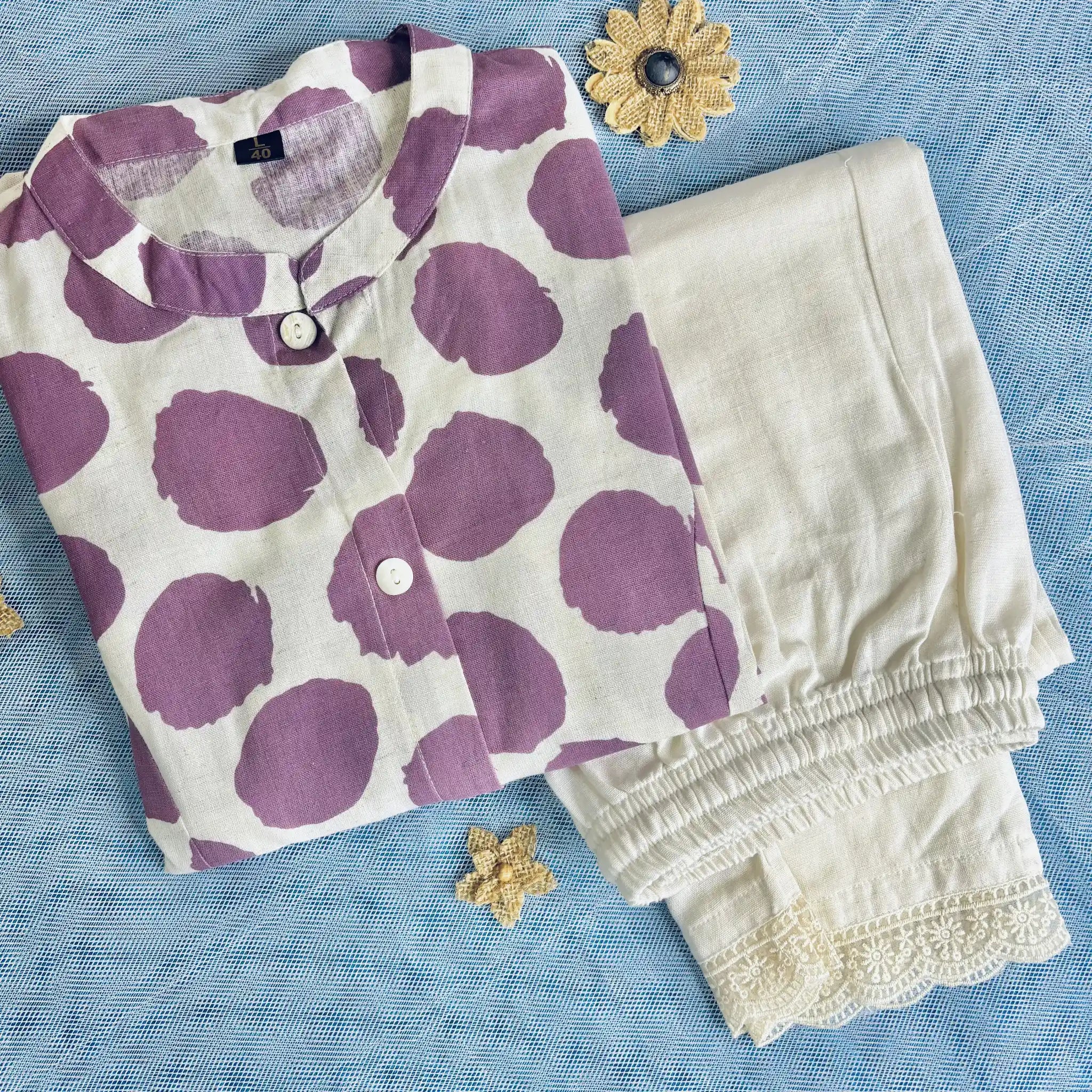 White and Purple Polka Dot Kurthi Set | S1-003