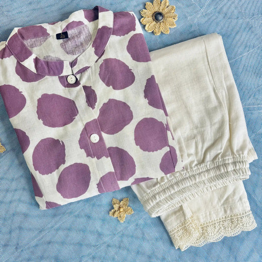 White and Purple Polka Dot Kurthi Set | S1-003