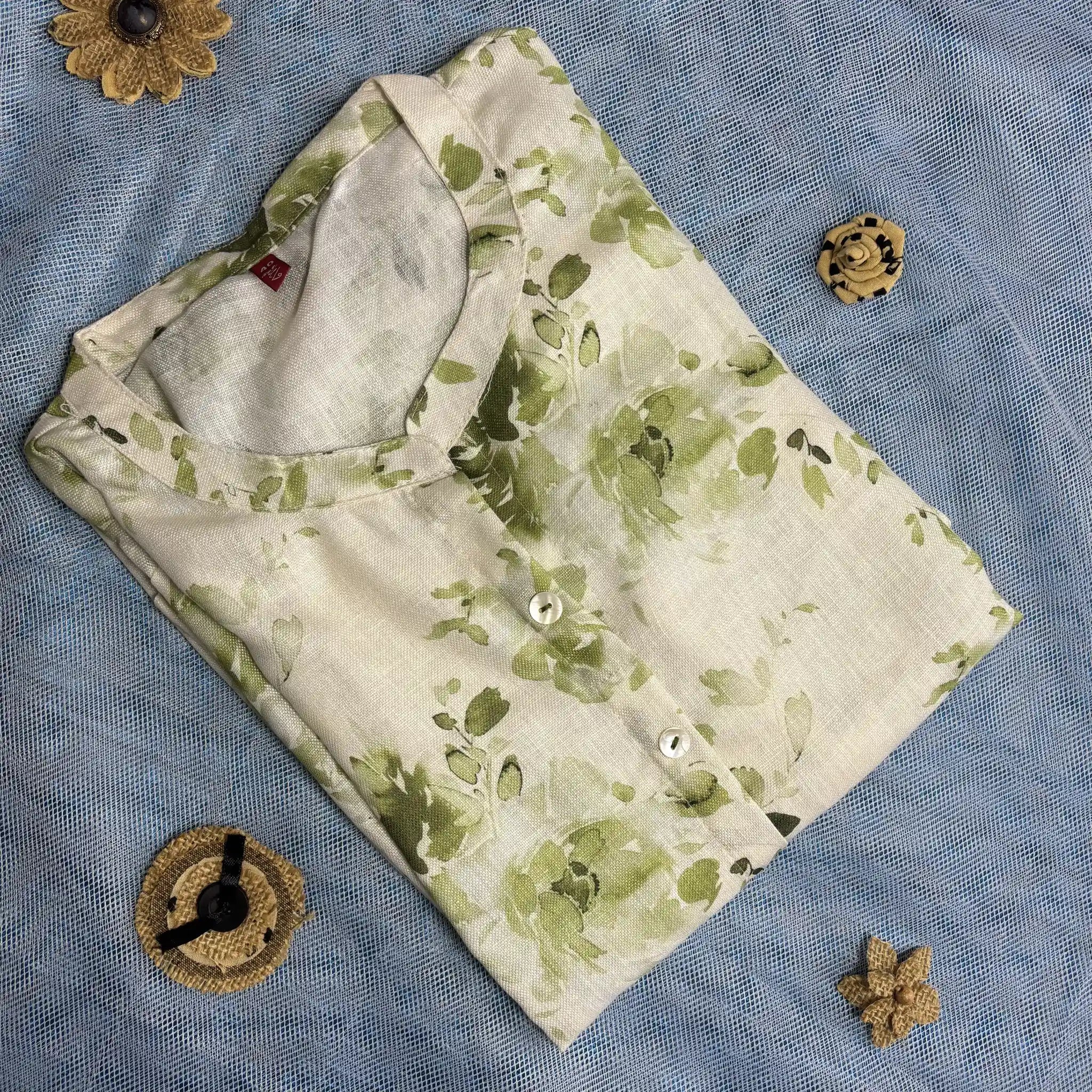 White and Green Floral Print Kurthi | Q2-001