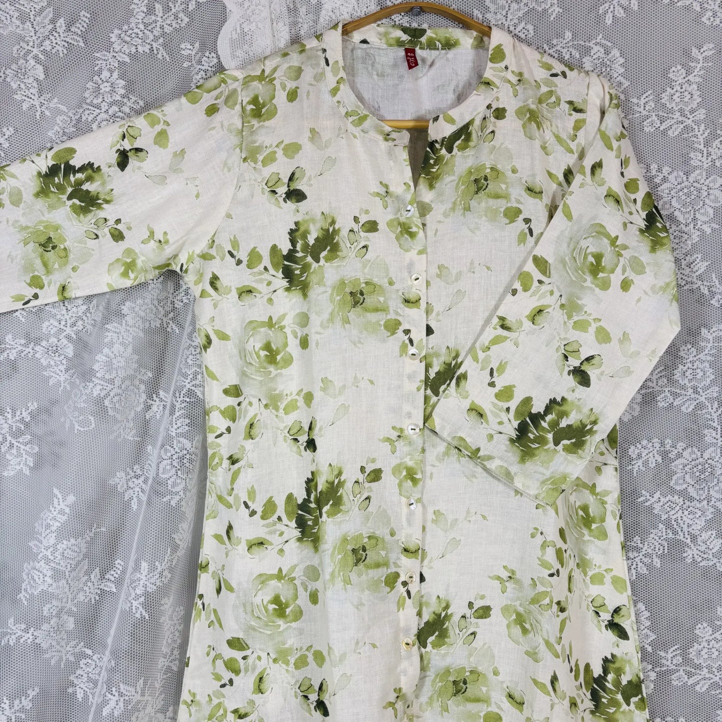 White and Green Floral Print Kurthi | Q2-001
