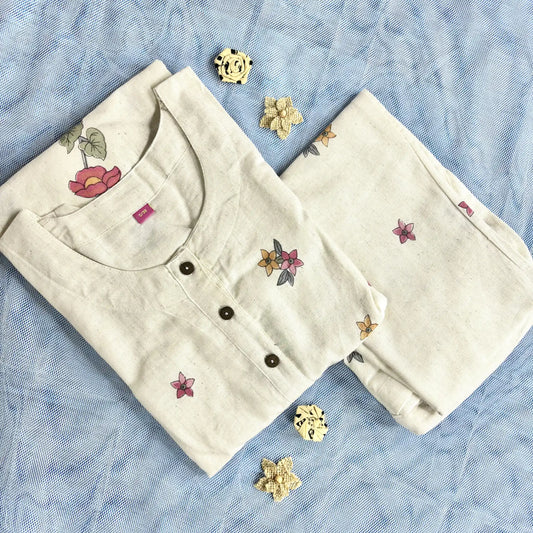 Off-White Floral Print Kurthi Set | R1-001