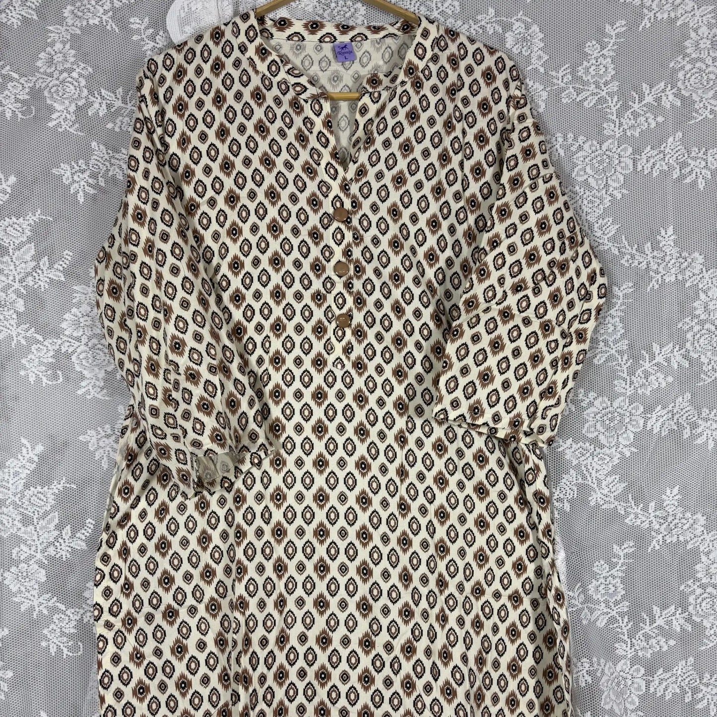 White and Brown Geometric Print Kurthi | S2-002