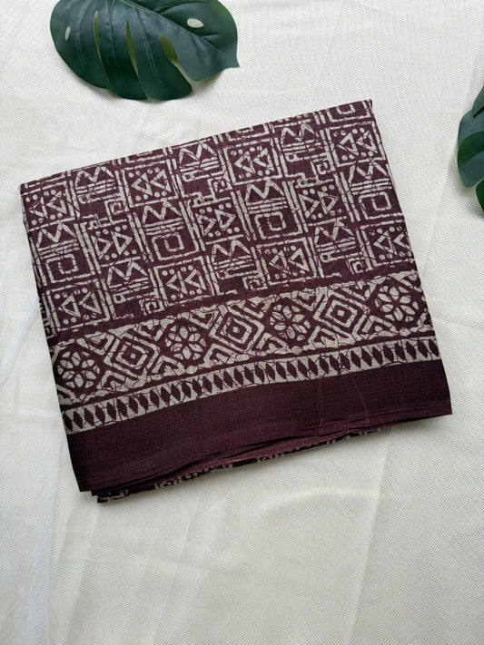 Brown Khadi Silk Saree with geometric block print Body and geometric block pattern Border and pallu