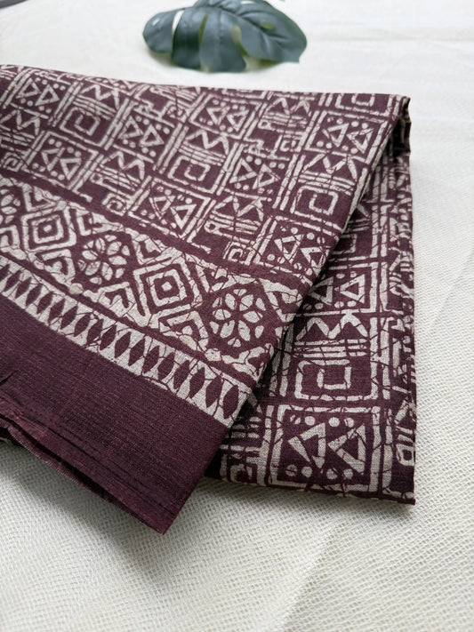 Brown Khadi Silk Saree with geometric block print Body and geometric block pattern Border and pallu