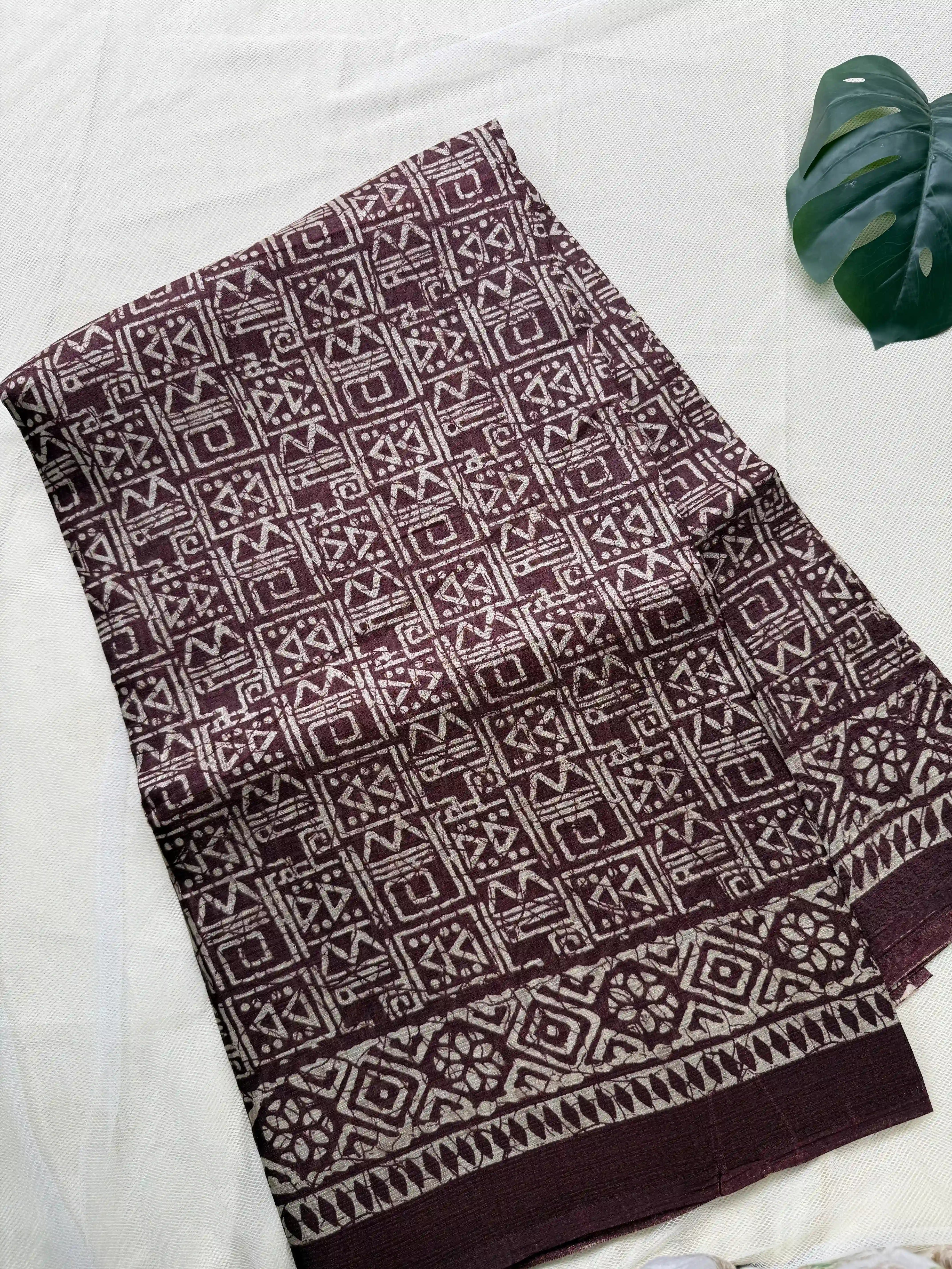 Brown Khadi Silk Saree with geometric block print Body and geometric block pattern Border and pallu