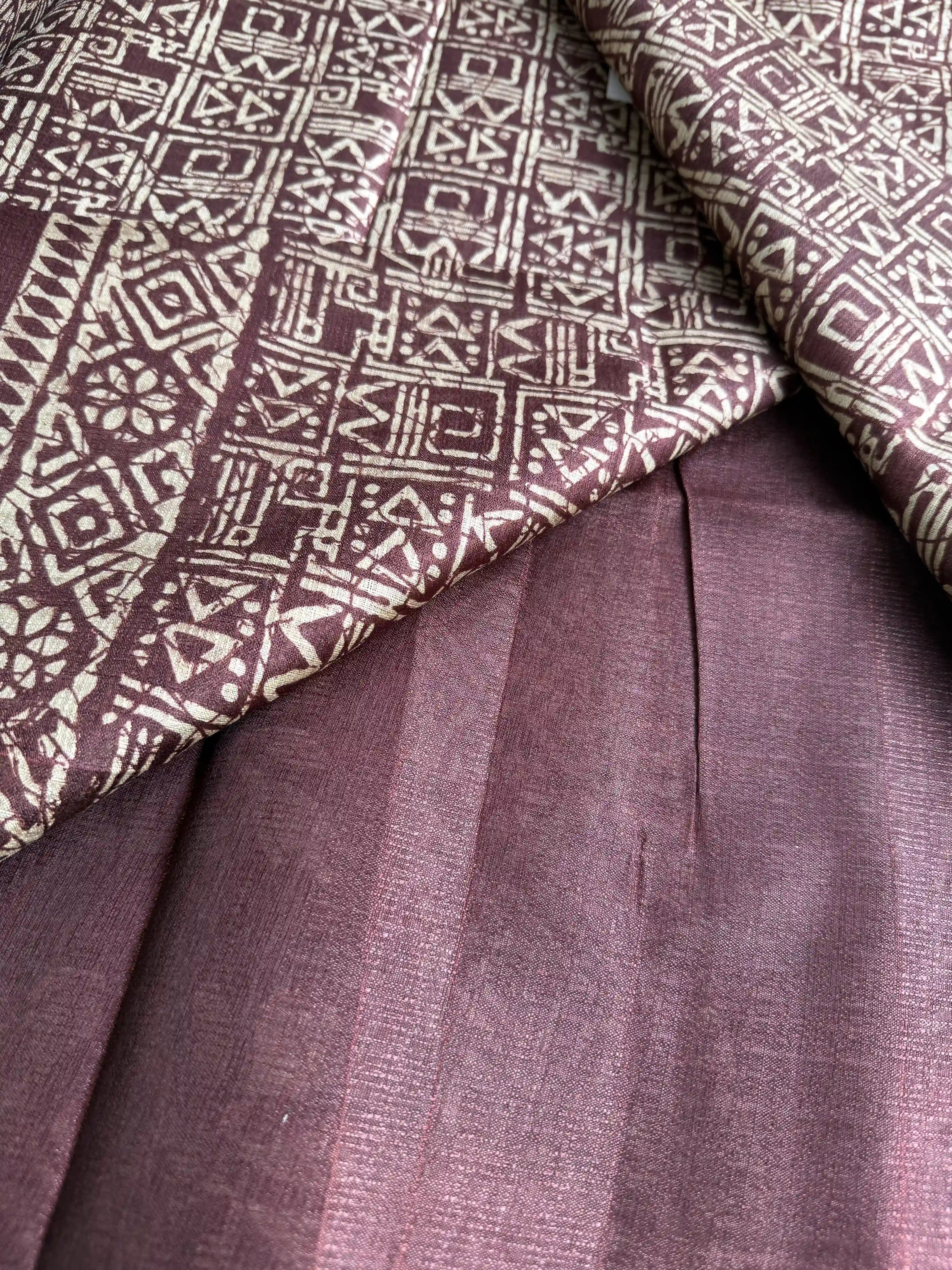 Brown Khadi Silk Saree with geometric block print Body and geometric block pattern Border and pallu