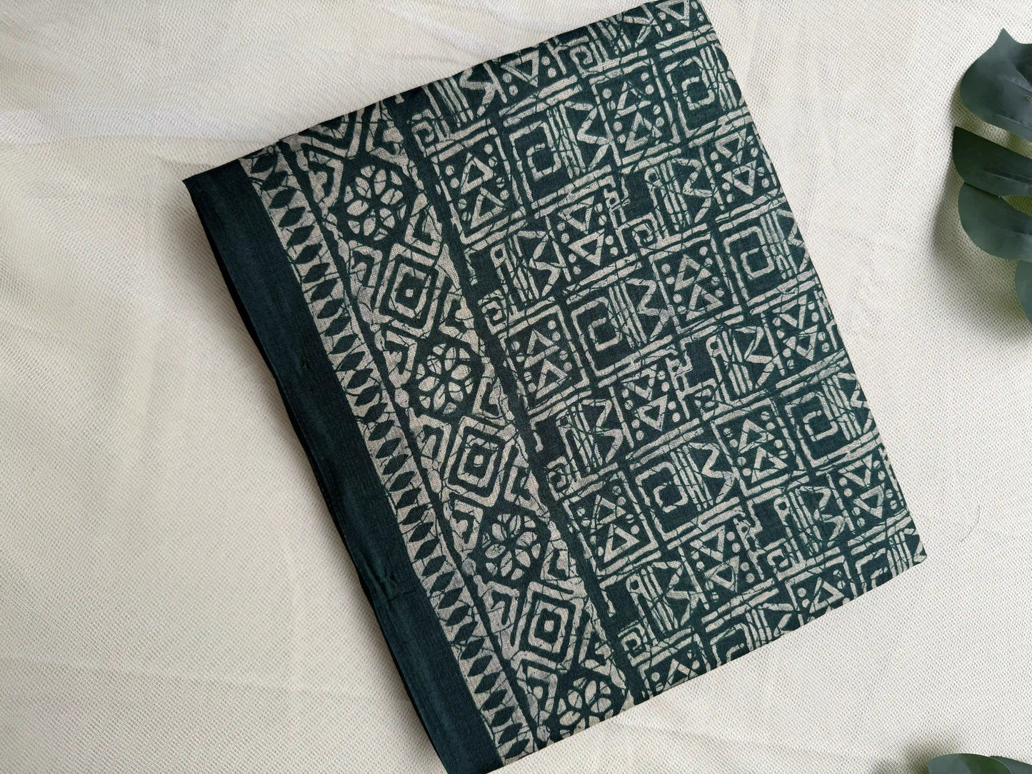 Green Khadi Silk Saree with geometric block print Body and geometric block pattern Border and pallu