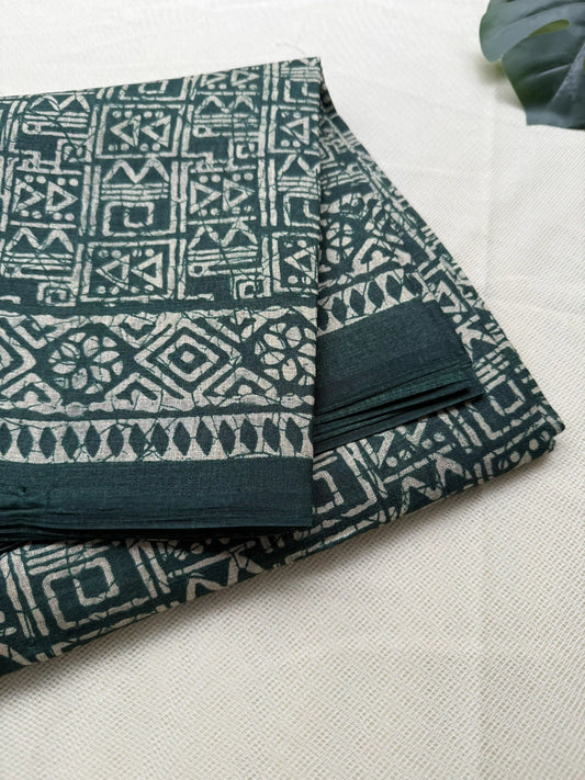 Green Khadi Silk Saree with geometric block print Body and geometric block pattern Border and pallu