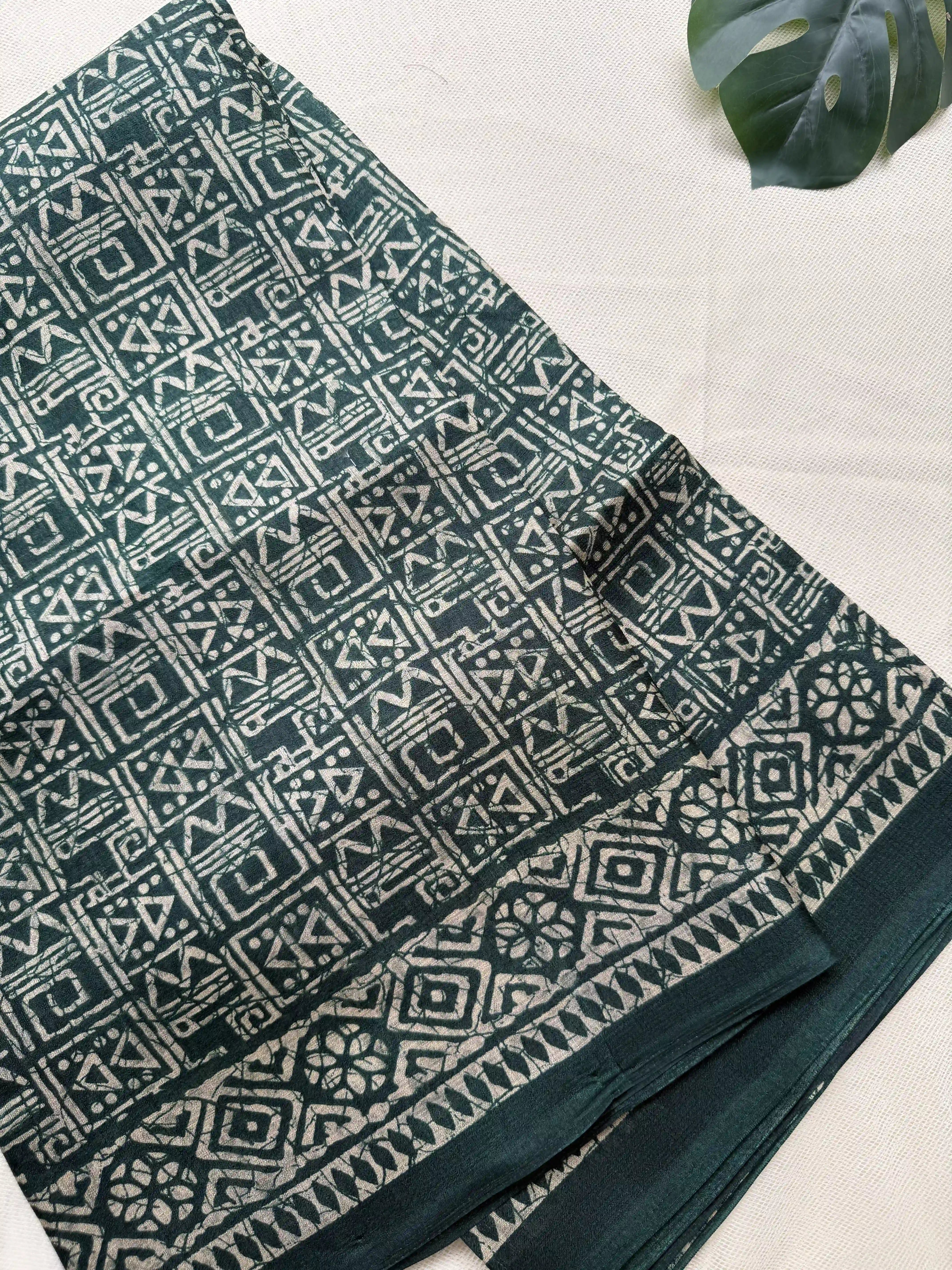 Green Khadi Silk Saree with geometric block print Body and geometric block pattern Border and pallu