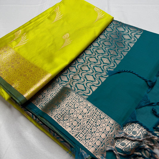 Neon Yellow & Teal – Soft Silk Saree with Geometric Pallu -SKU: J4-010
