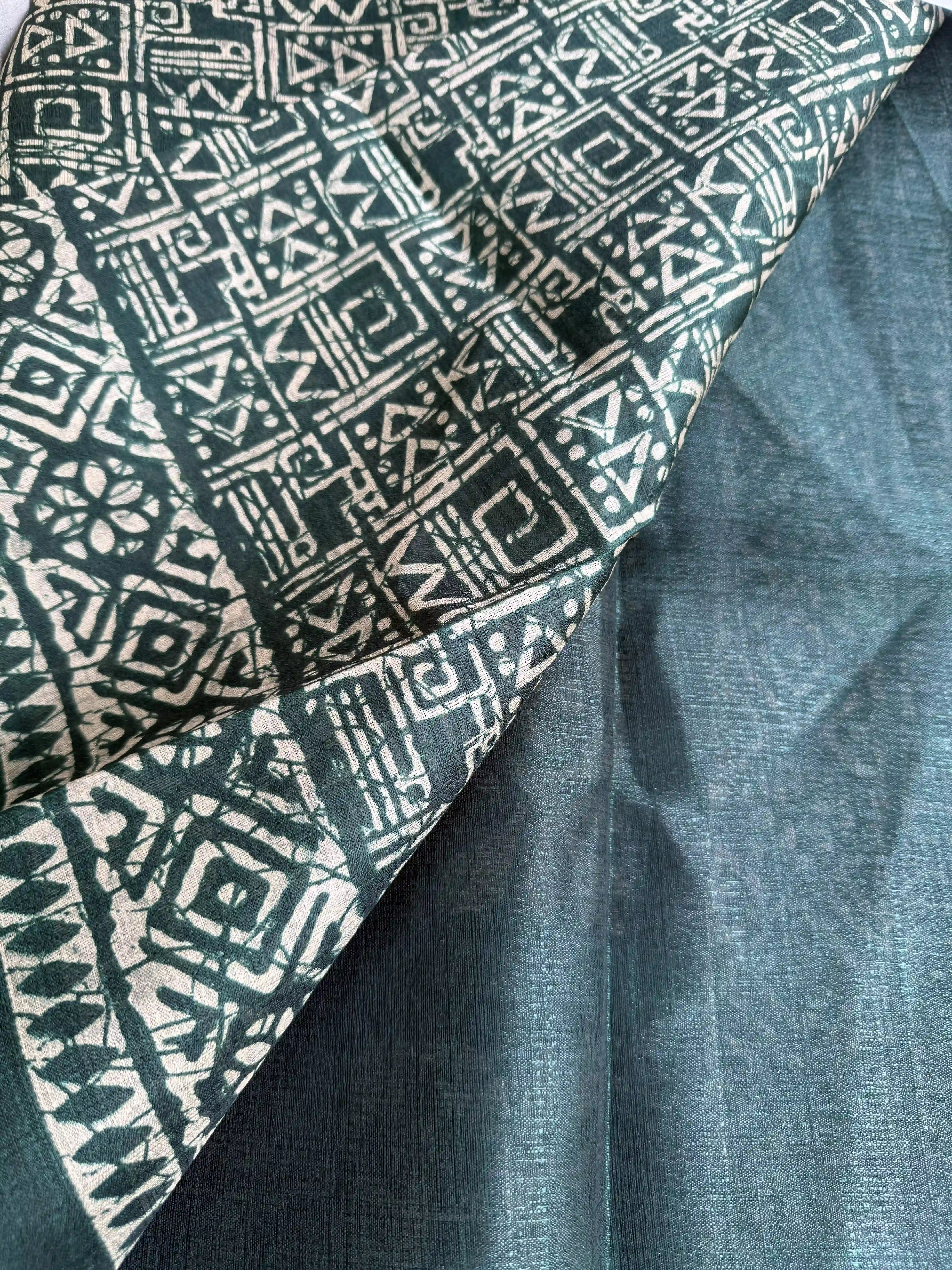 Green Khadi Silk Saree with geometric block print Body and geometric block pattern Border and pallu