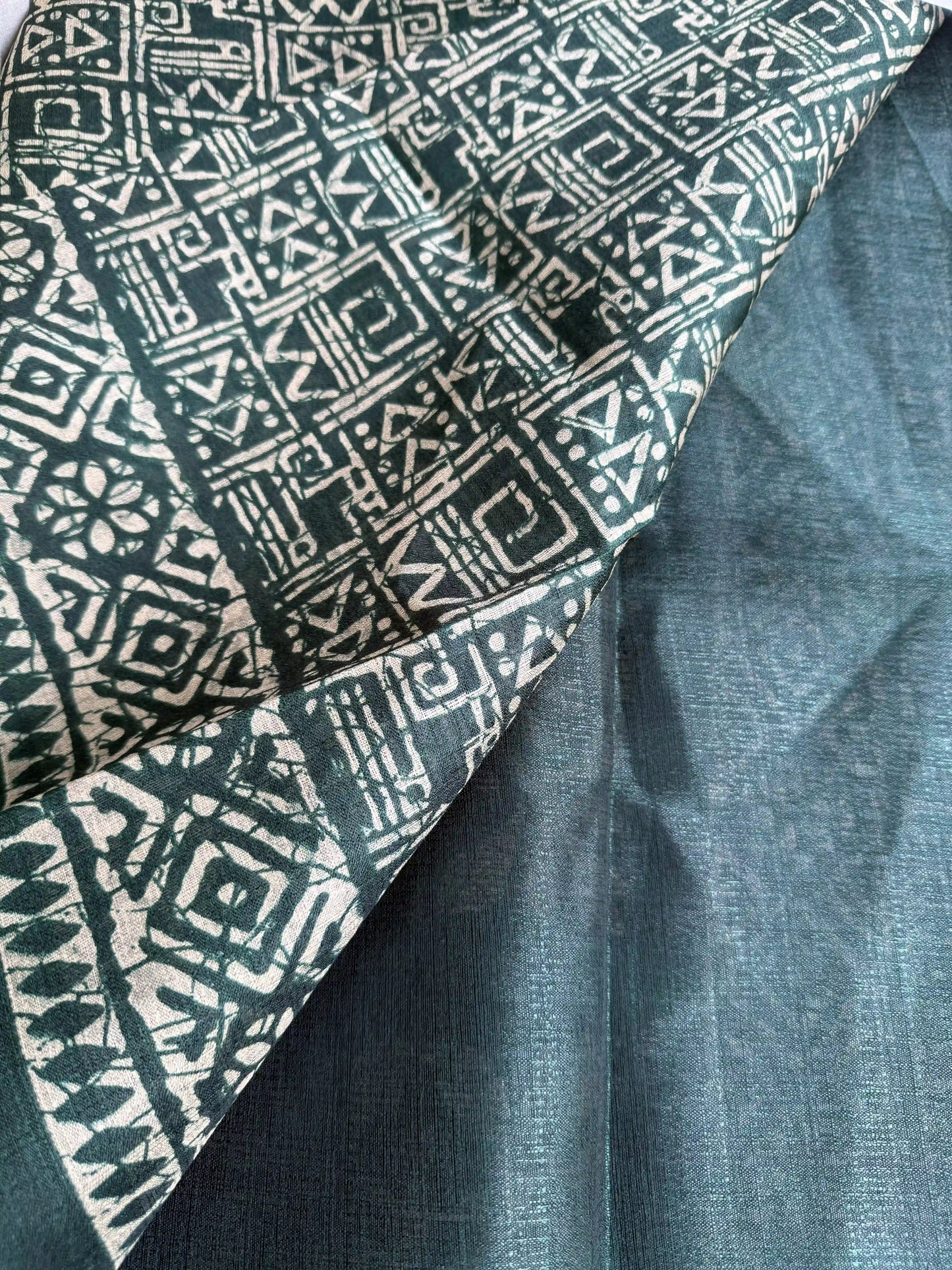 Green Khadi Silk Saree with geometric block print Body and geometric block pattern Border and pallu