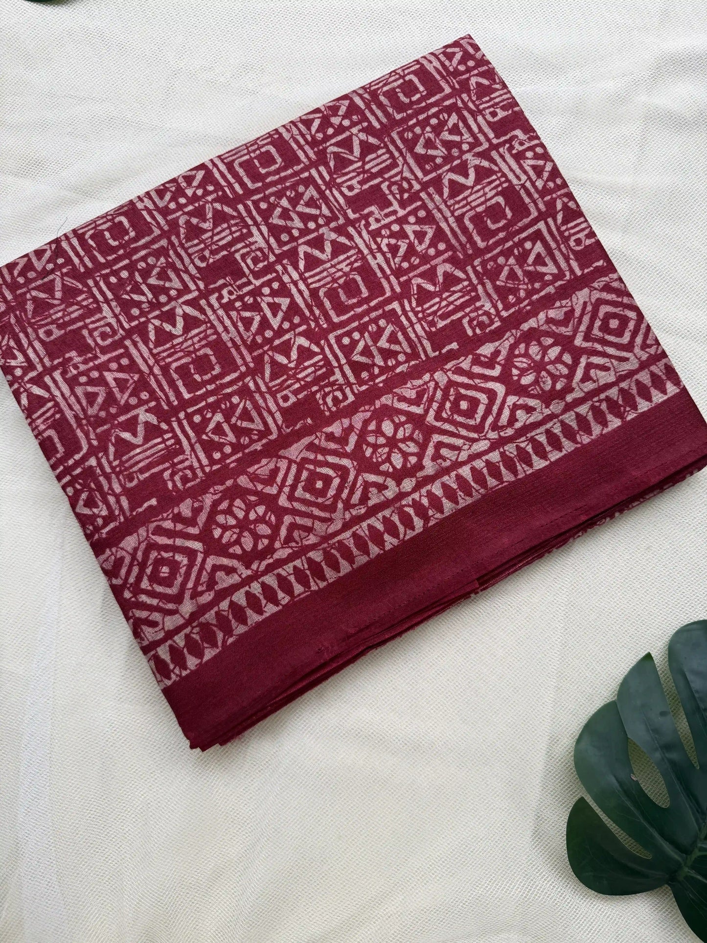 Red Khadi Silk Saree with geometric block print Body and geometric block pattern Border and pallu