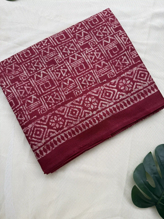 Red Khadi Silk Saree with geometric block print Body and geometric block pattern Border and pallu