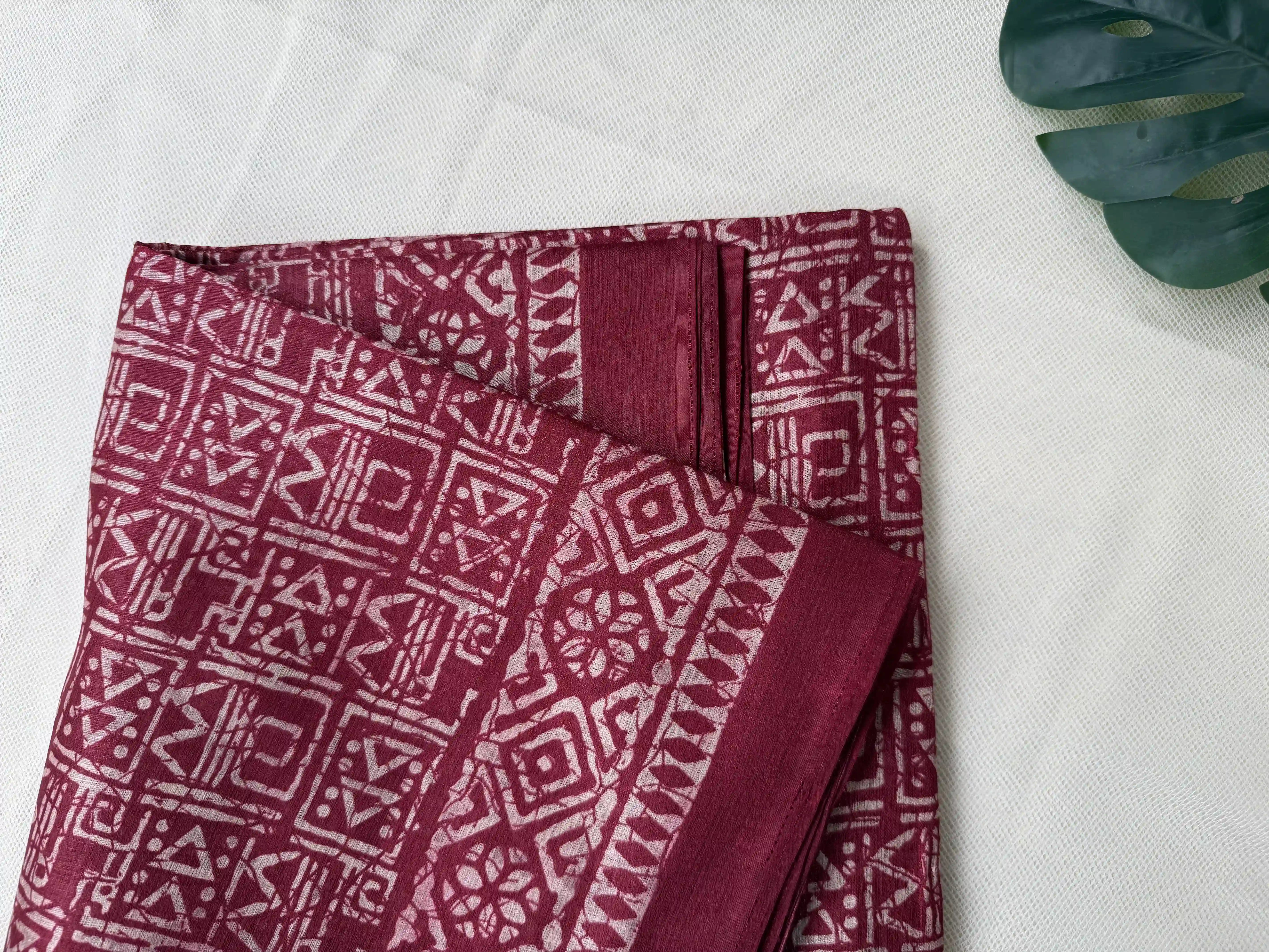 Red Khadi Silk Saree with geometric block print Body and geometric block pattern Border and pallu