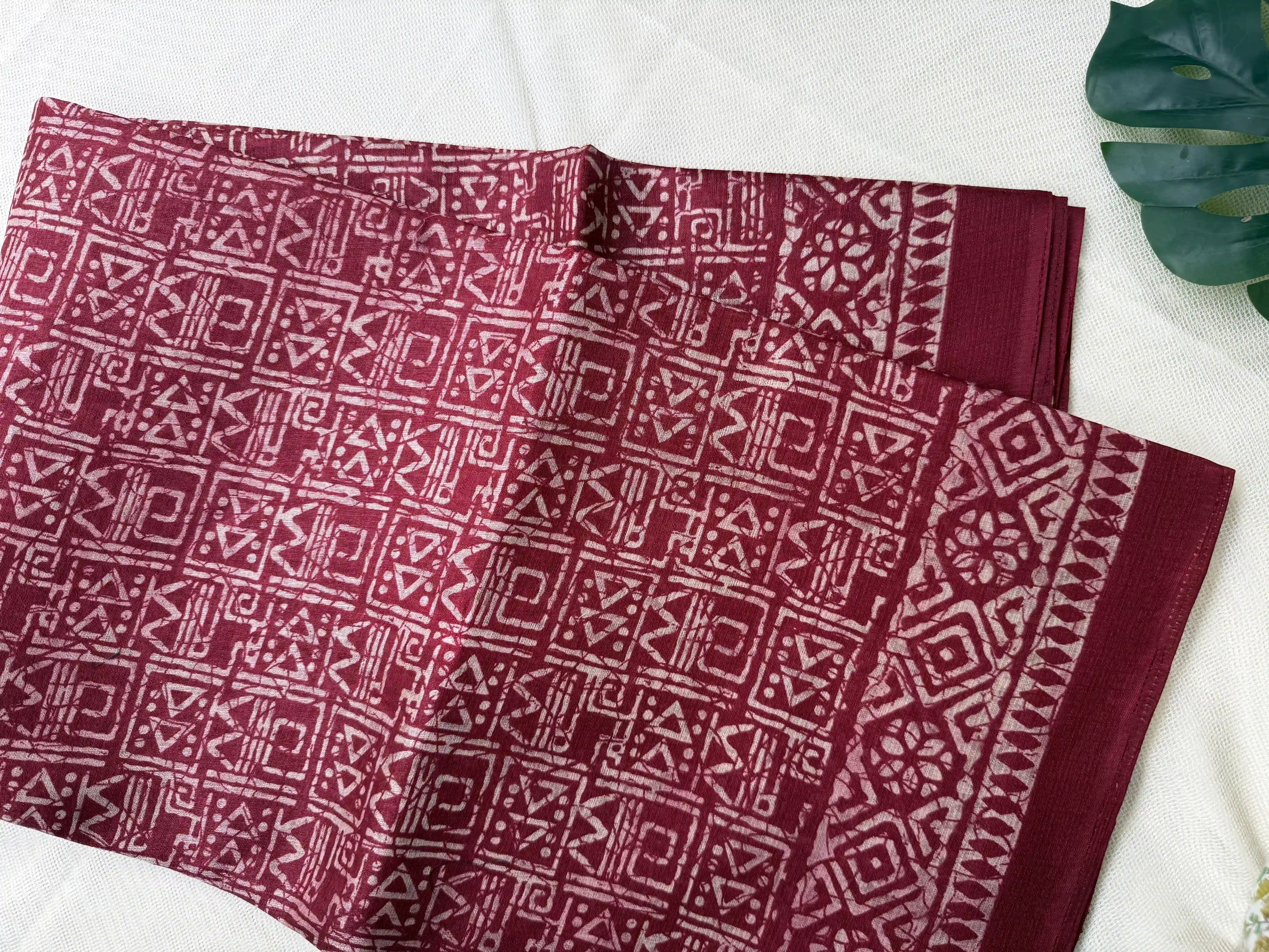 Red Khadi Silk Saree with geometric block print Body and geometric block pattern Border and pallu
