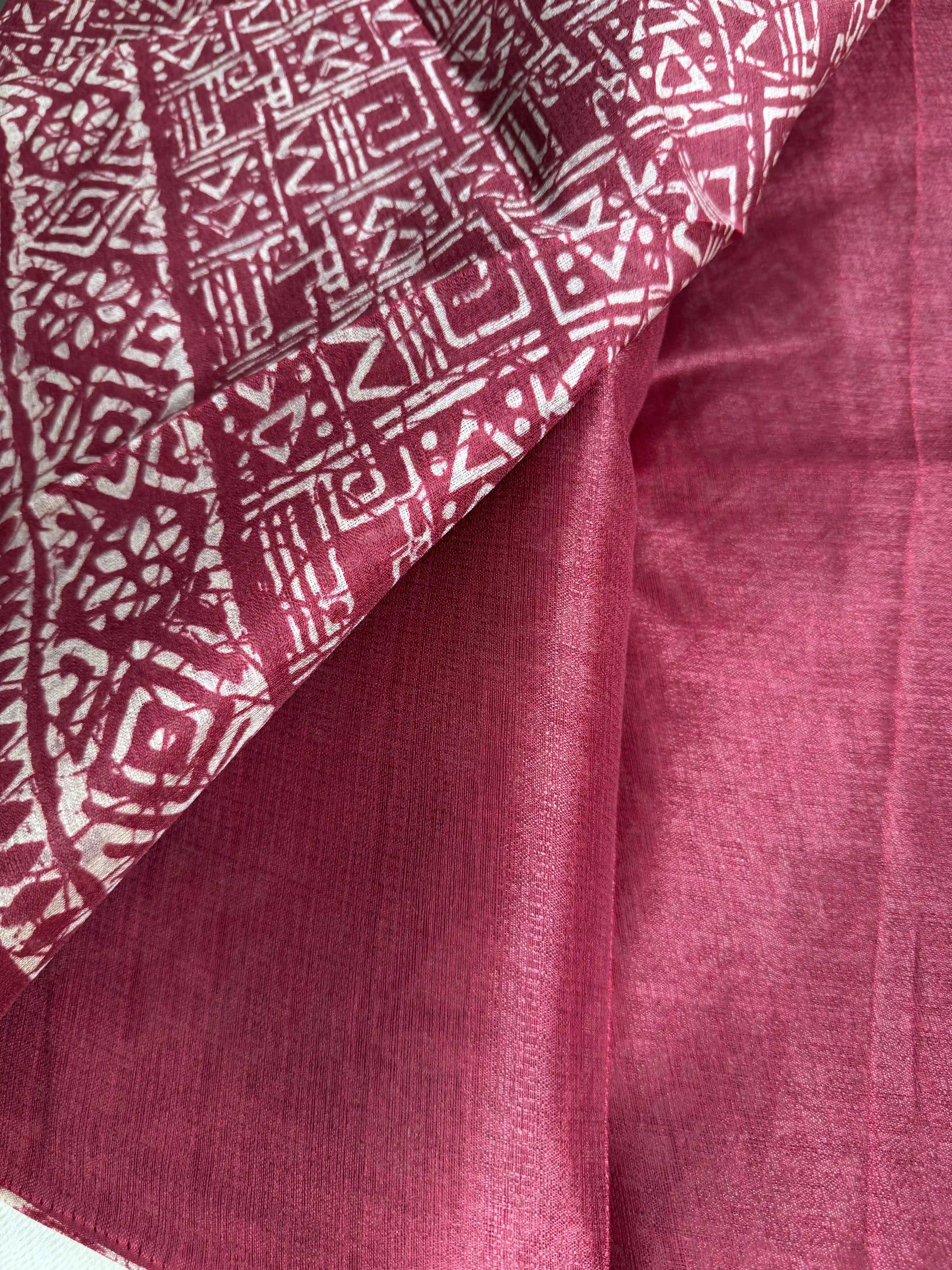 Red Khadi Silk Saree with geometric block print Body and geometric block pattern Border and pallu