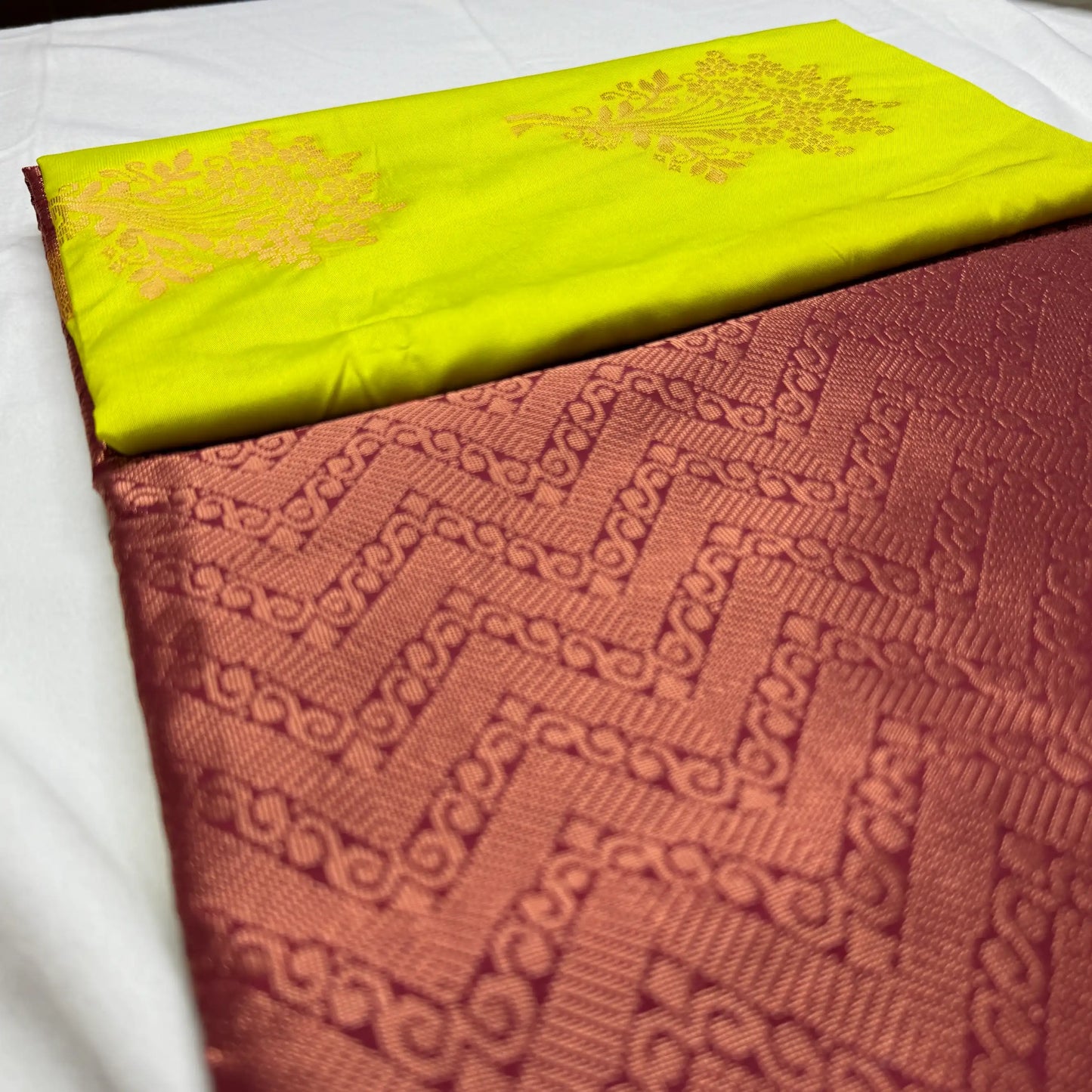 Neon Yellow & Maroon – Soft Silk Saree with Geometric Pallu SKU: J4-009