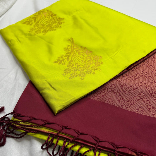 Neon Yellow & Maroon – Soft Silk Saree with Geometric Pallu SKU: J4-009