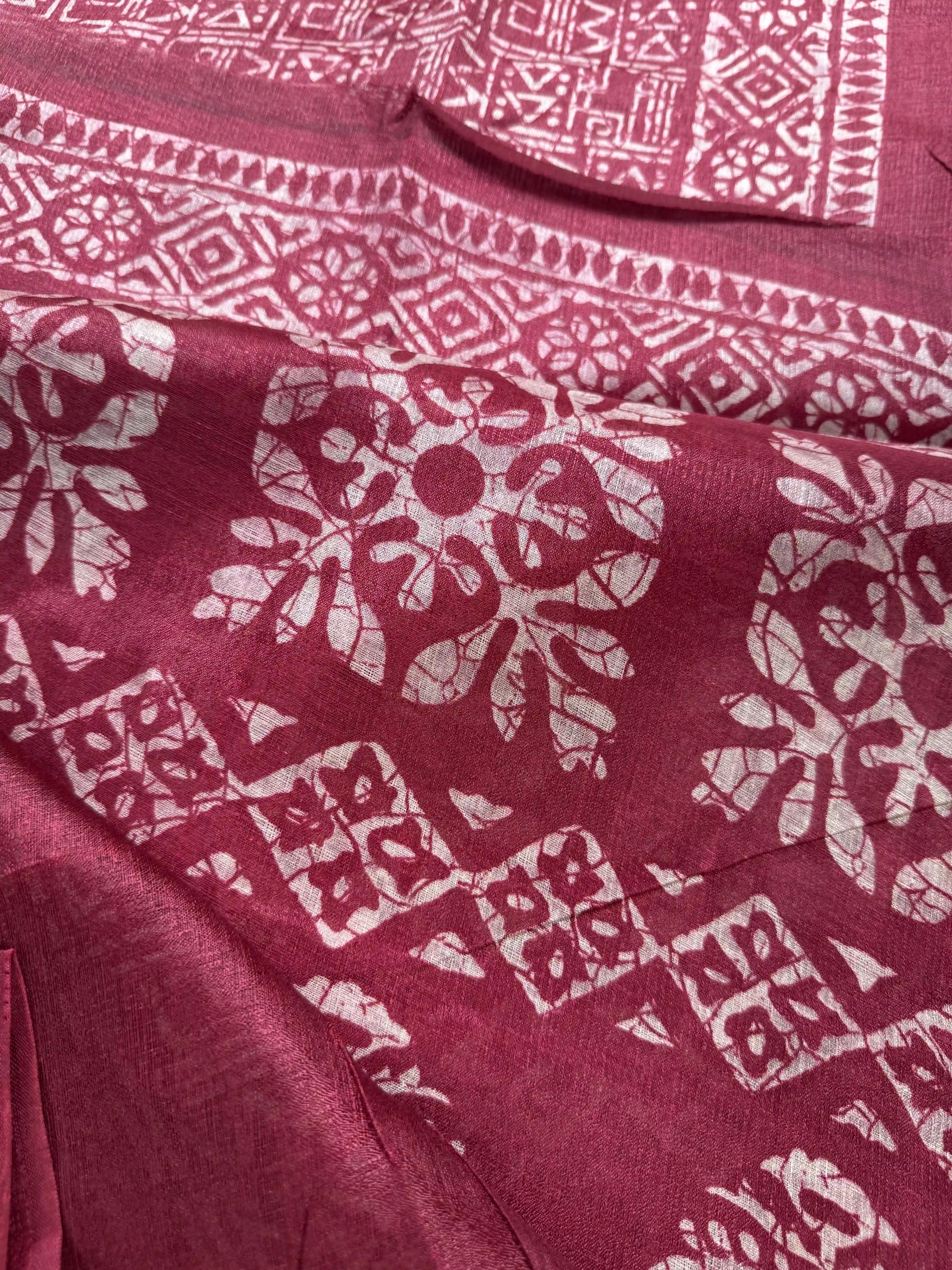 Red Khadi Silk Saree with geometric block print Body and geometric block pattern Border and pallu