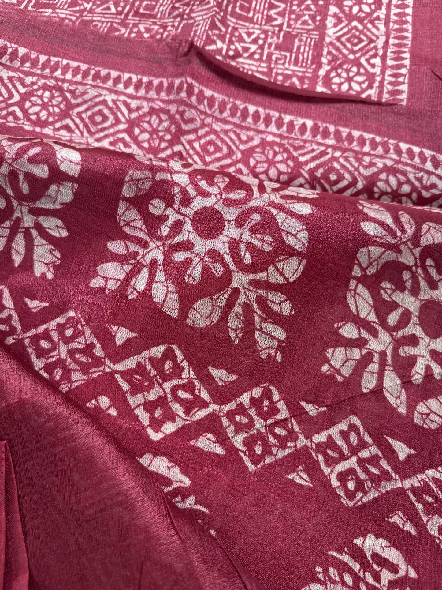 Red Khadi Silk Saree with geometric block print Body and geometric block pattern Border and pallu