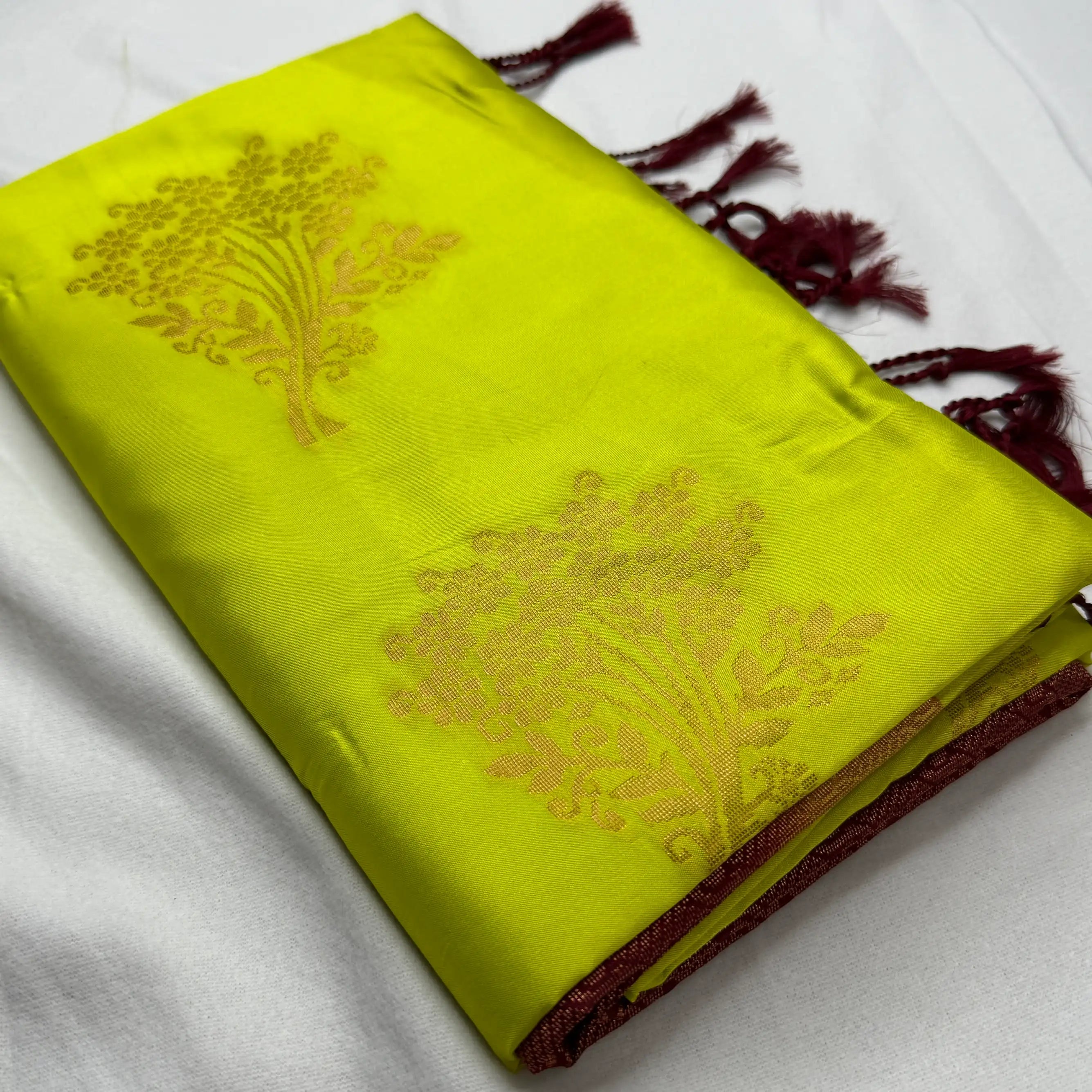 Neon Yellow & Maroon – Soft Silk Saree with Geometric Pallu SKU: J4-009