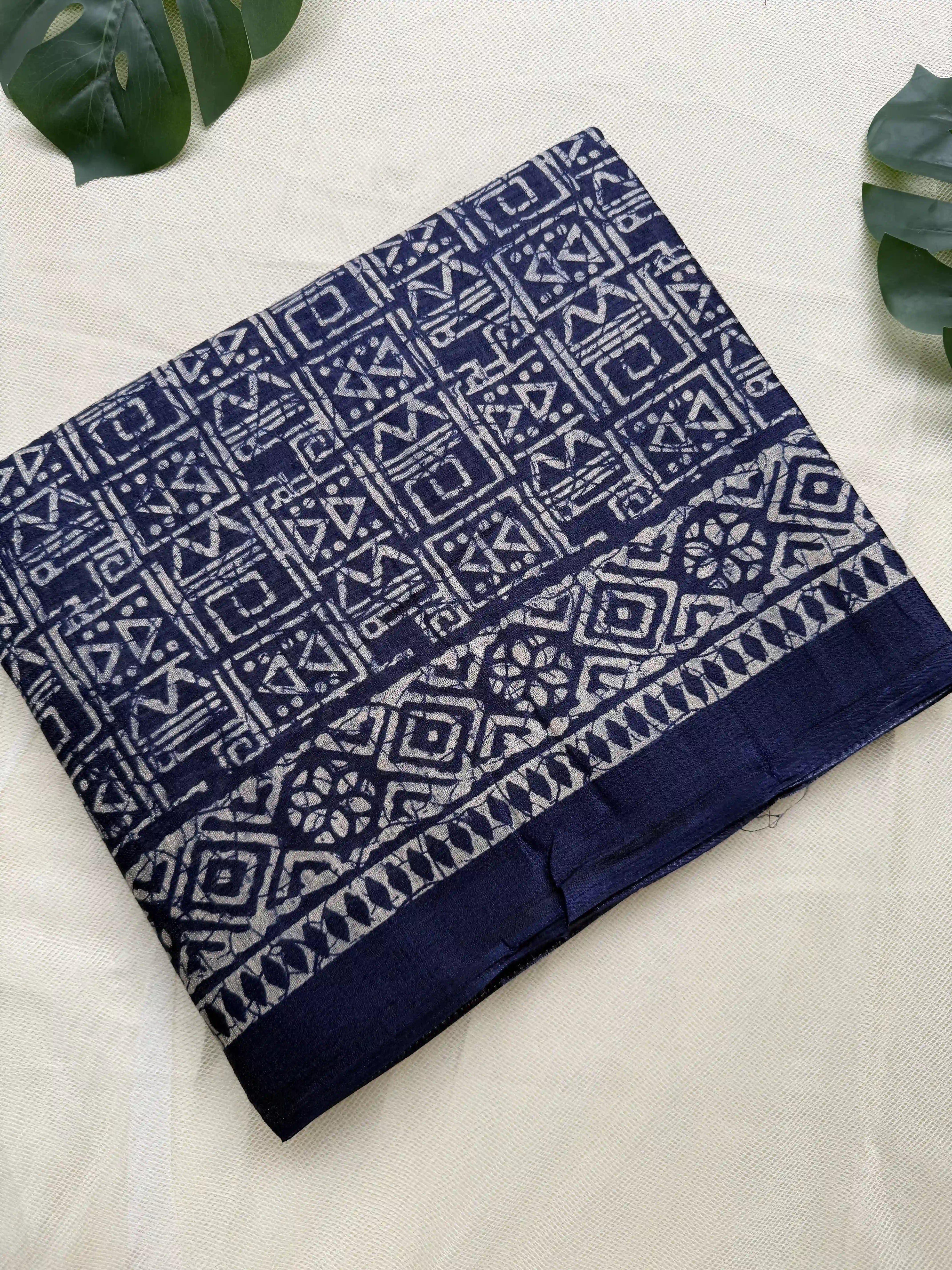 Navy Blue Khadi Silk Saree with geometric block print Body and geometric block pattern Border and pallu