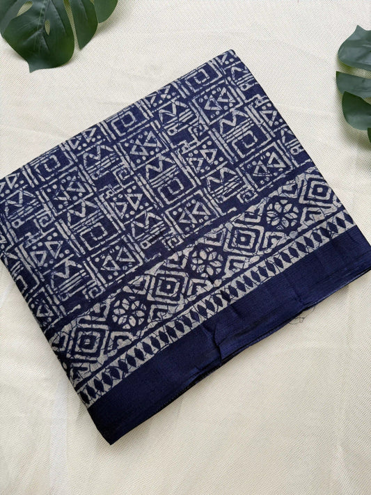 Navy Blue Khadi Silk Saree with geometric block print Body and geometric block pattern Border and pallu