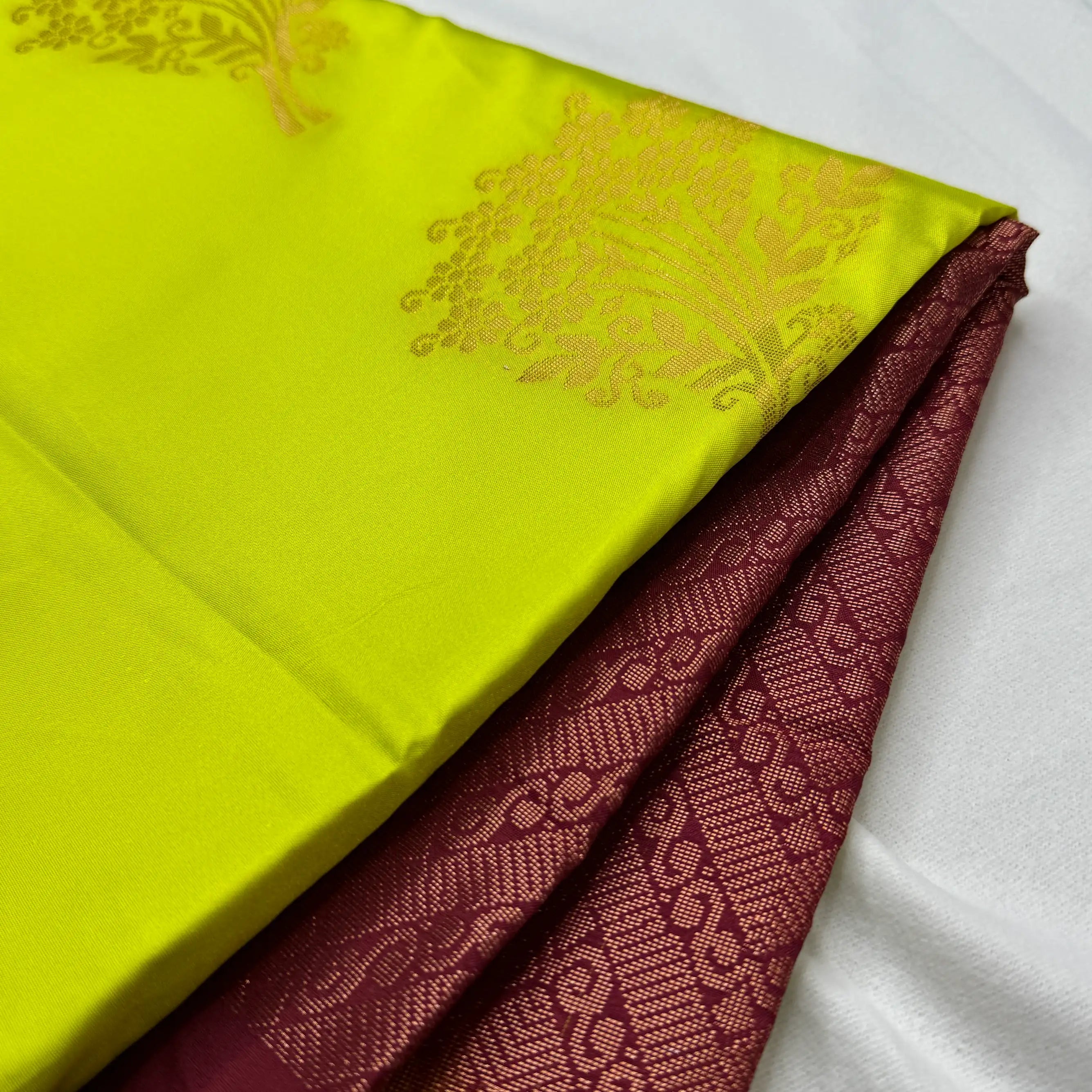 Neon Yellow & Maroon – Soft Silk Saree with Geometric Pallu SKU: J4-009