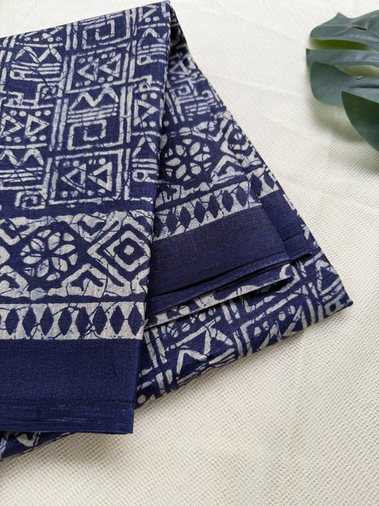 Navy Blue Khadi Silk Saree with geometric block print Body and geometric block pattern Border and pallu