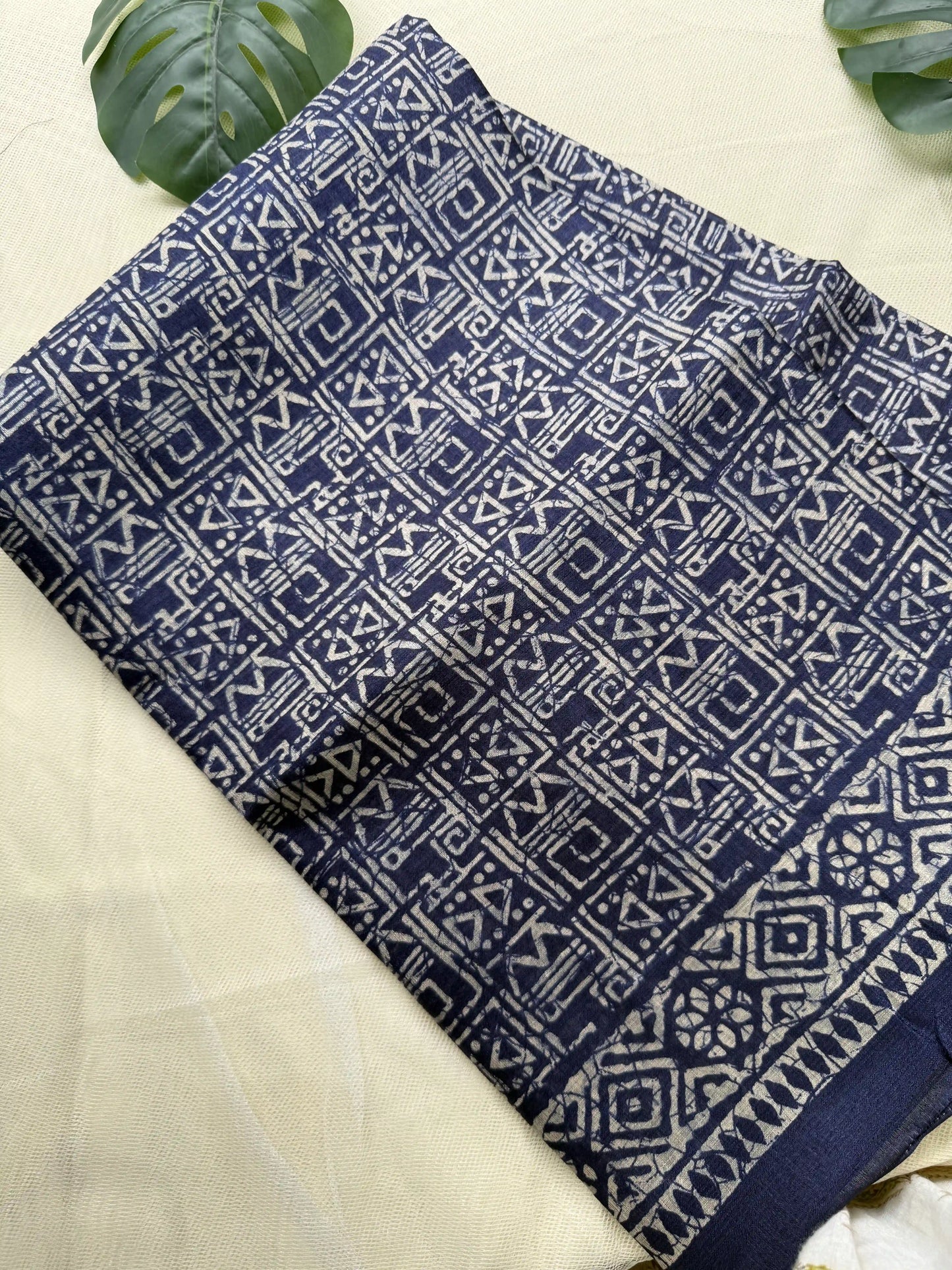 Navy Blue Khadi Silk Saree with geometric block print Body and geometric block pattern Border and pallu