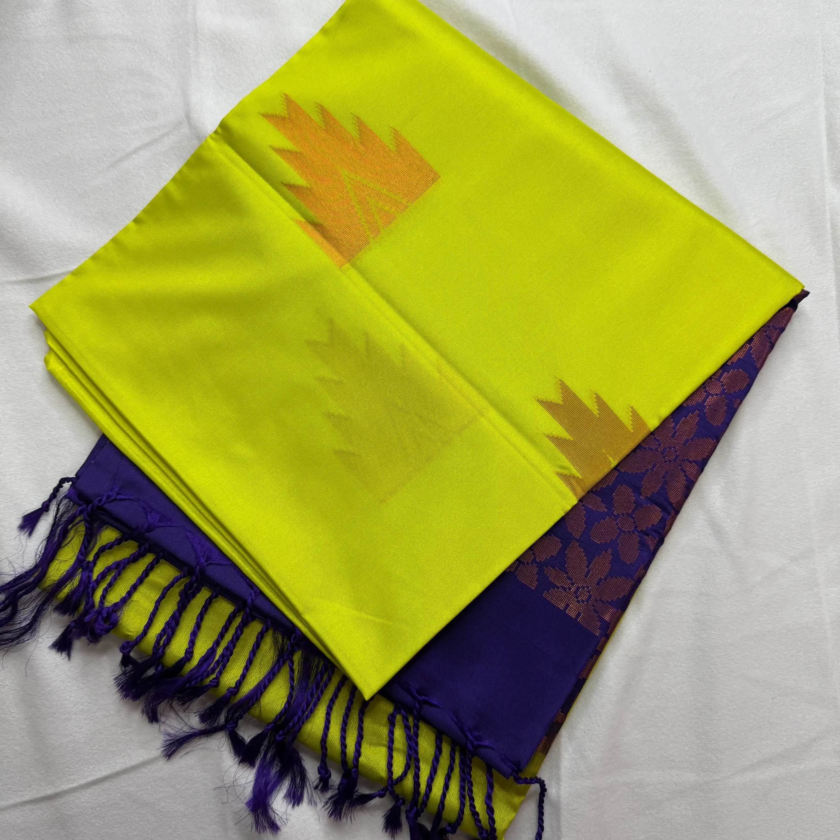 Neon Yellow & Purple – Soft Silk Saree with Temple Border -SKU: J4-011