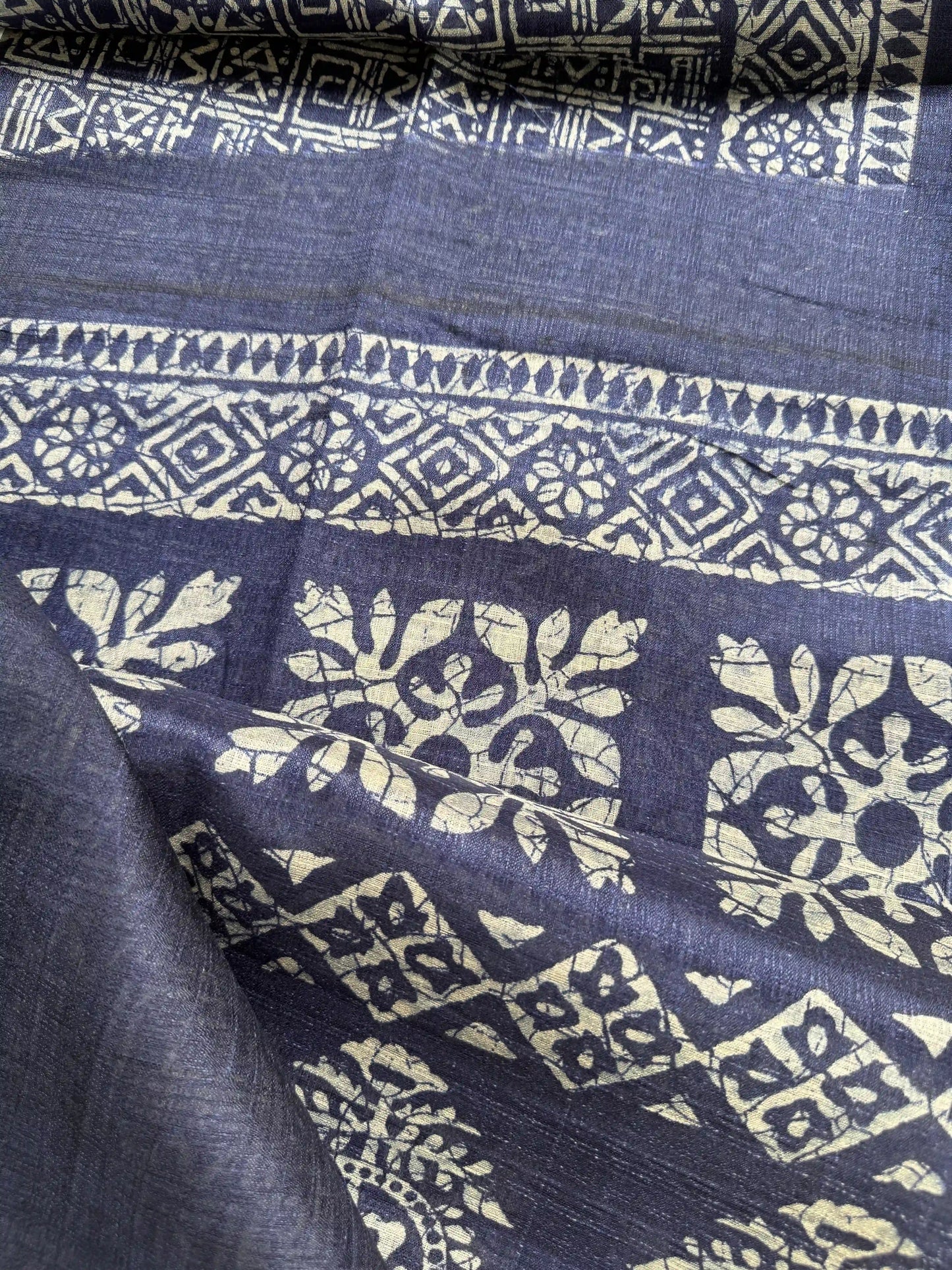 Navy Blue Khadi Silk Saree with geometric block print Body and geometric block pattern Border and pallu