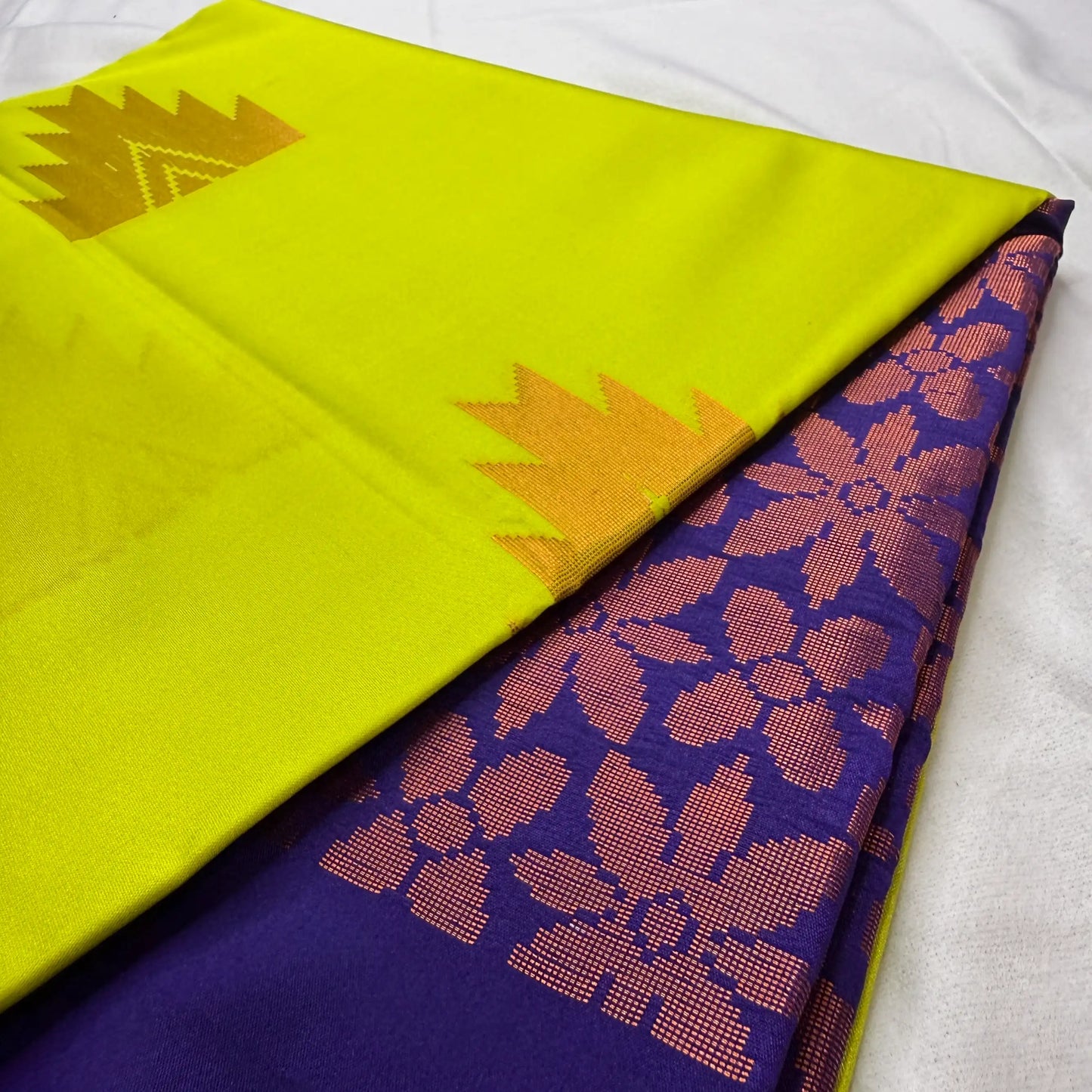 Neon Yellow & Purple – Soft Silk Saree with Temple Border -SKU: J4-011