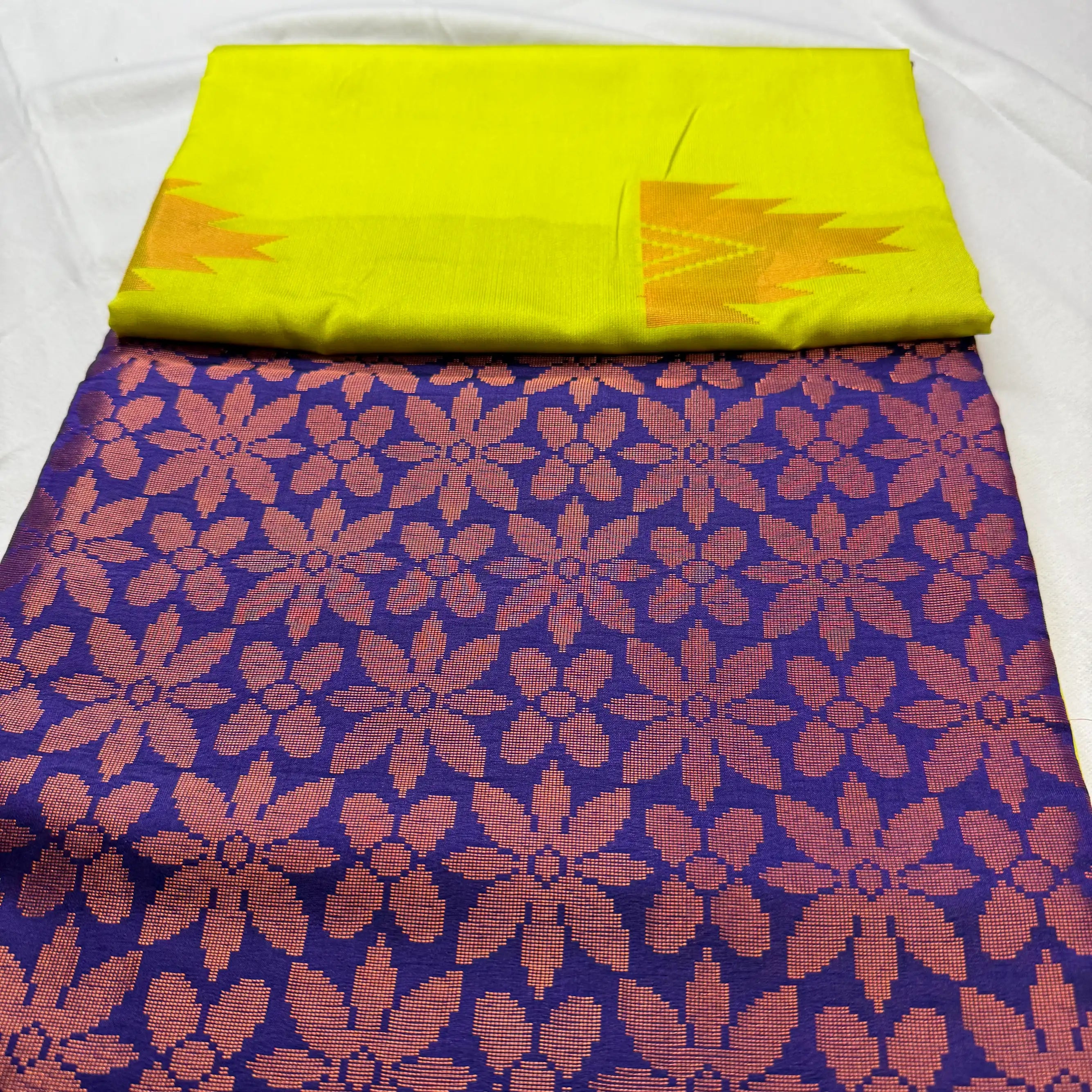 Neon Yellow & Purple – Soft Silk Saree with Temple Border -SKU: J4-011