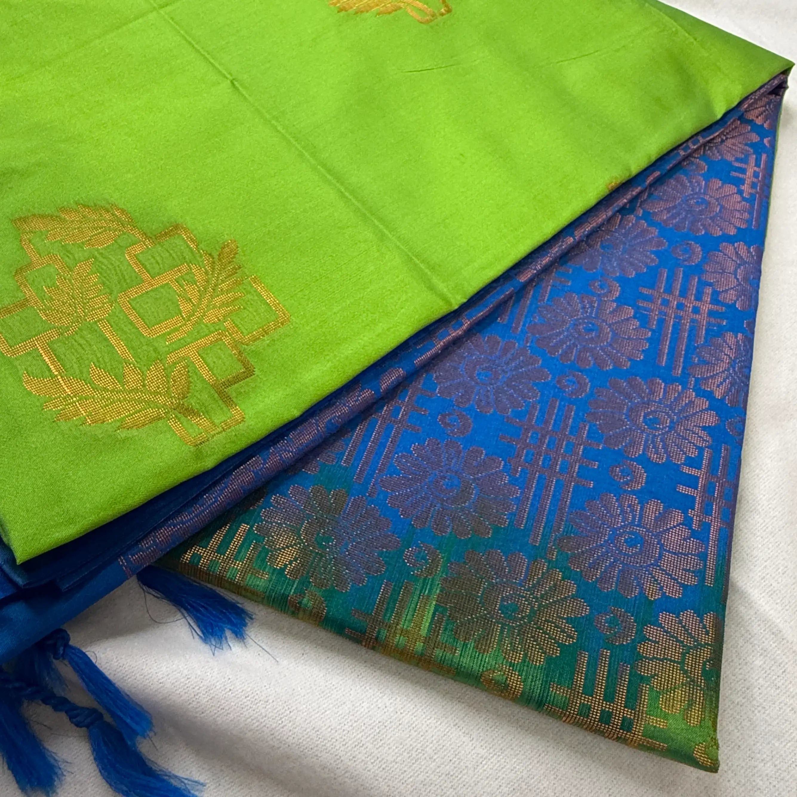 Vibrant Green & Blue – Soft Silk Saree with Floral Pallu -SKU: J4-013