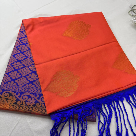 Vibrant Orange & Blue – Soft Silk Saree with Floral Pallu -SKU: J4-001