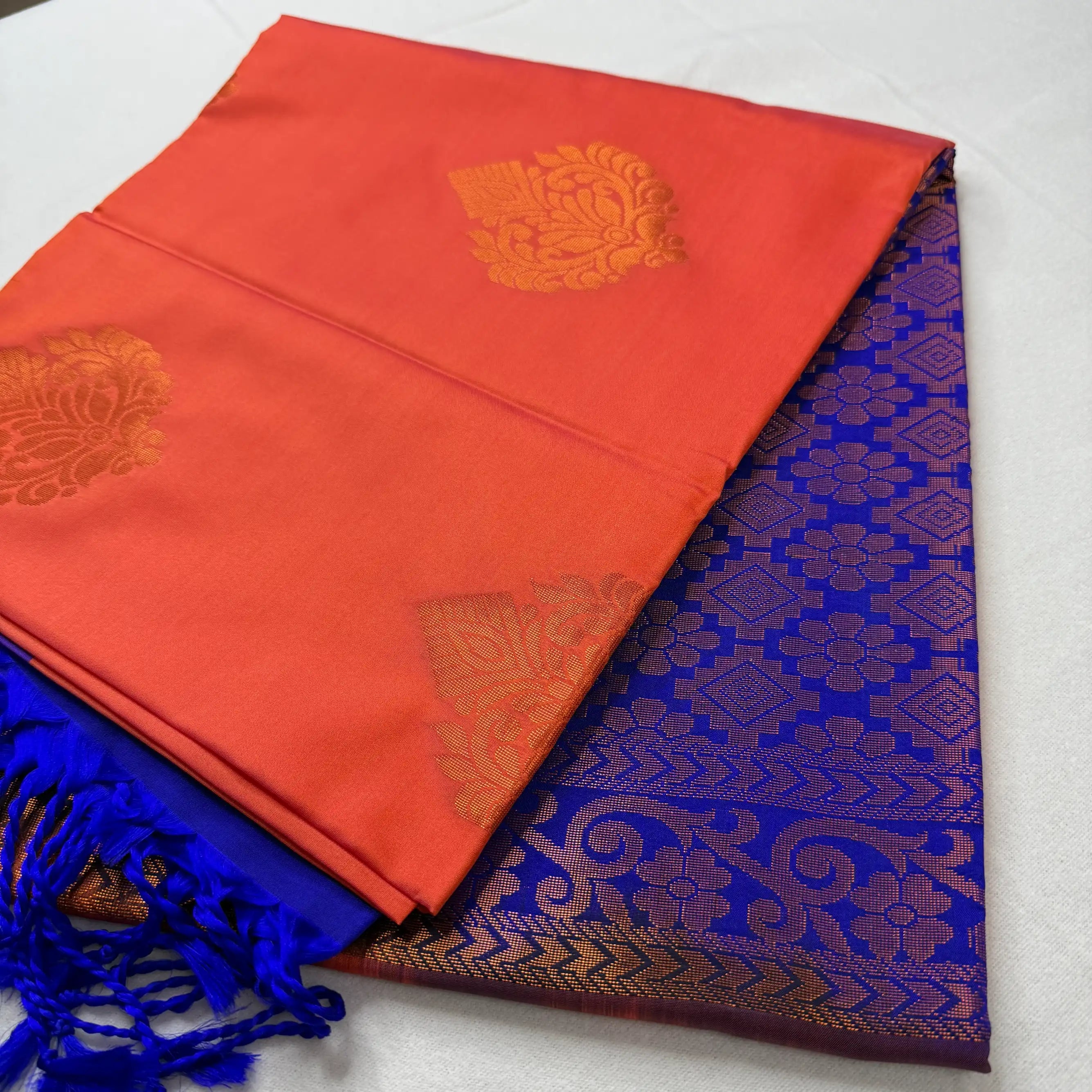 Vibrant Orange & Blue – Soft Silk Saree with Floral Pallu -SKU: J4-001