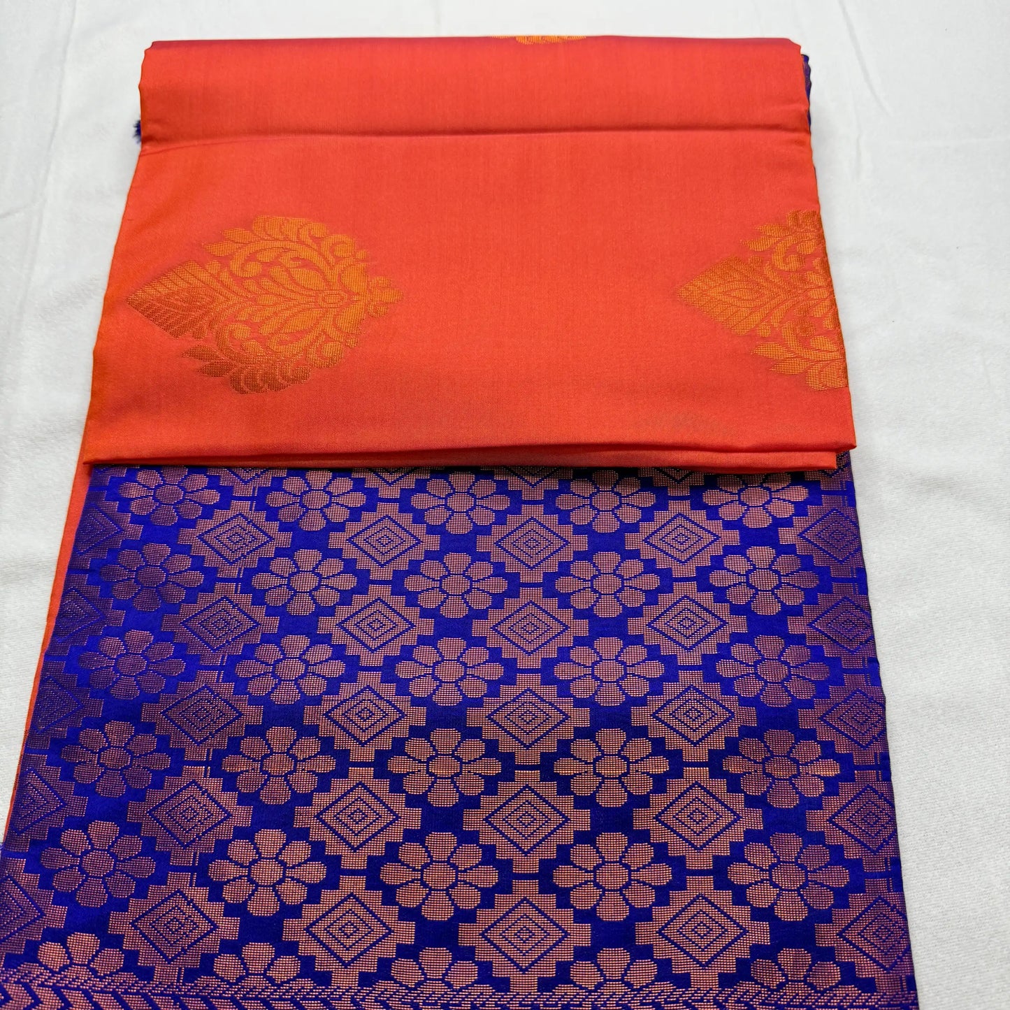 Vibrant Orange & Blue – Soft Silk Saree with Floral Pallu -SKU: J4-001