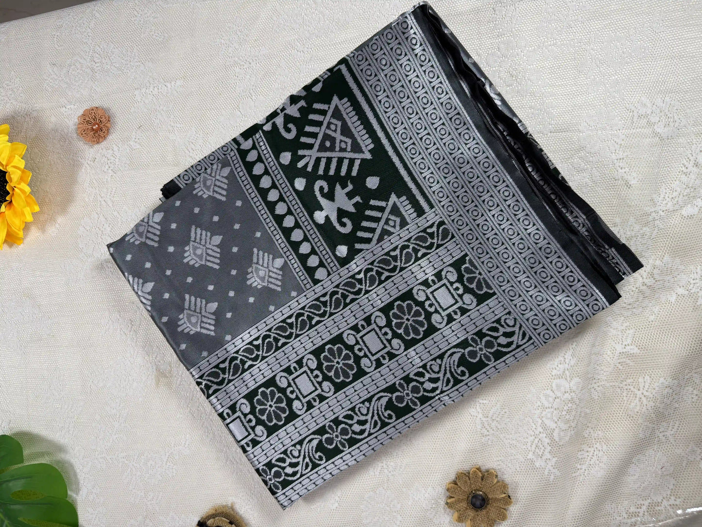 Winter Silk - Rich Dark Green Cotton Silk Saree with Silver Zari work