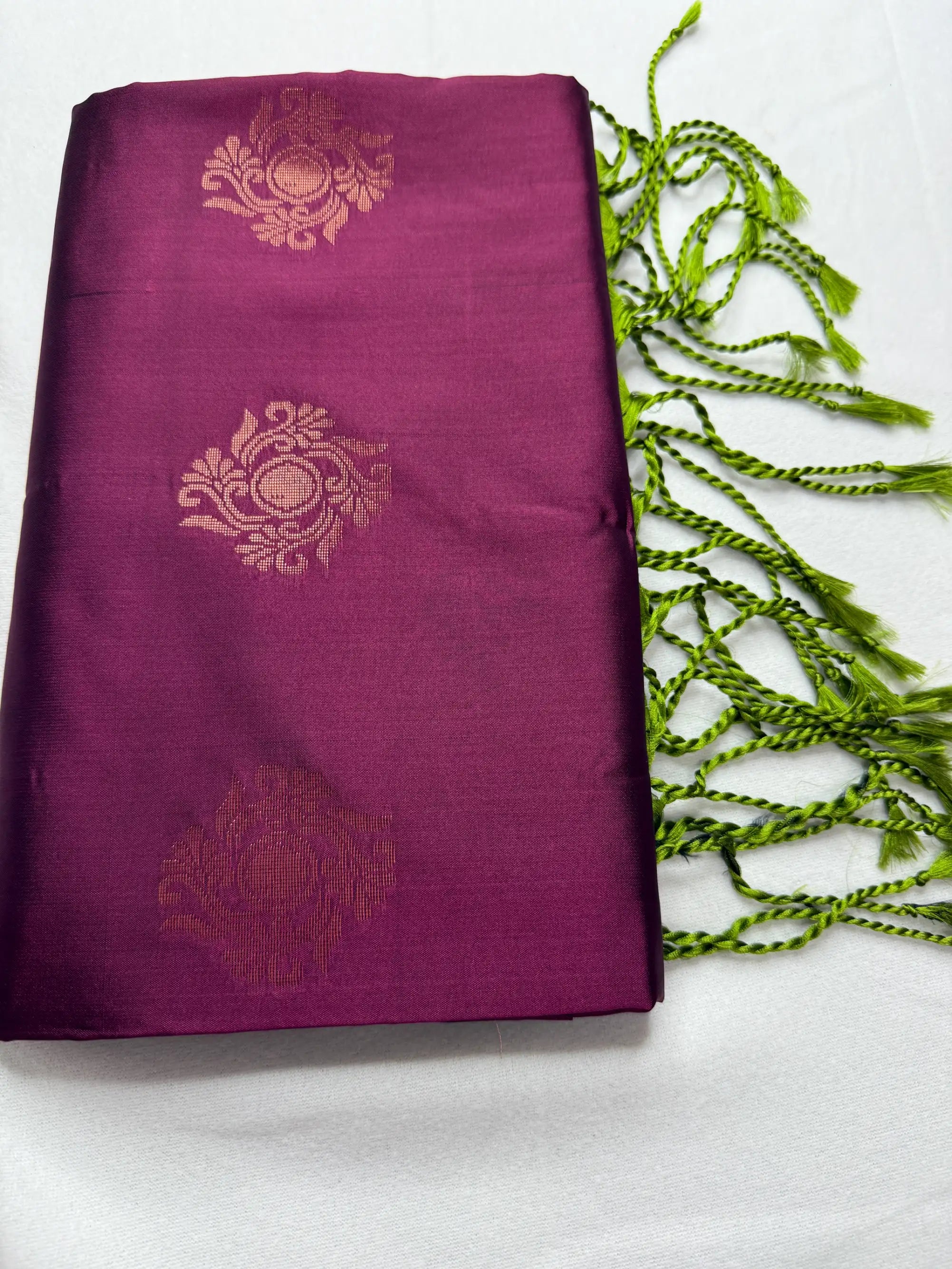 Wine Red & Sage Green – Soft Silk Saree with Peacock Motifs -SKU: J4-003