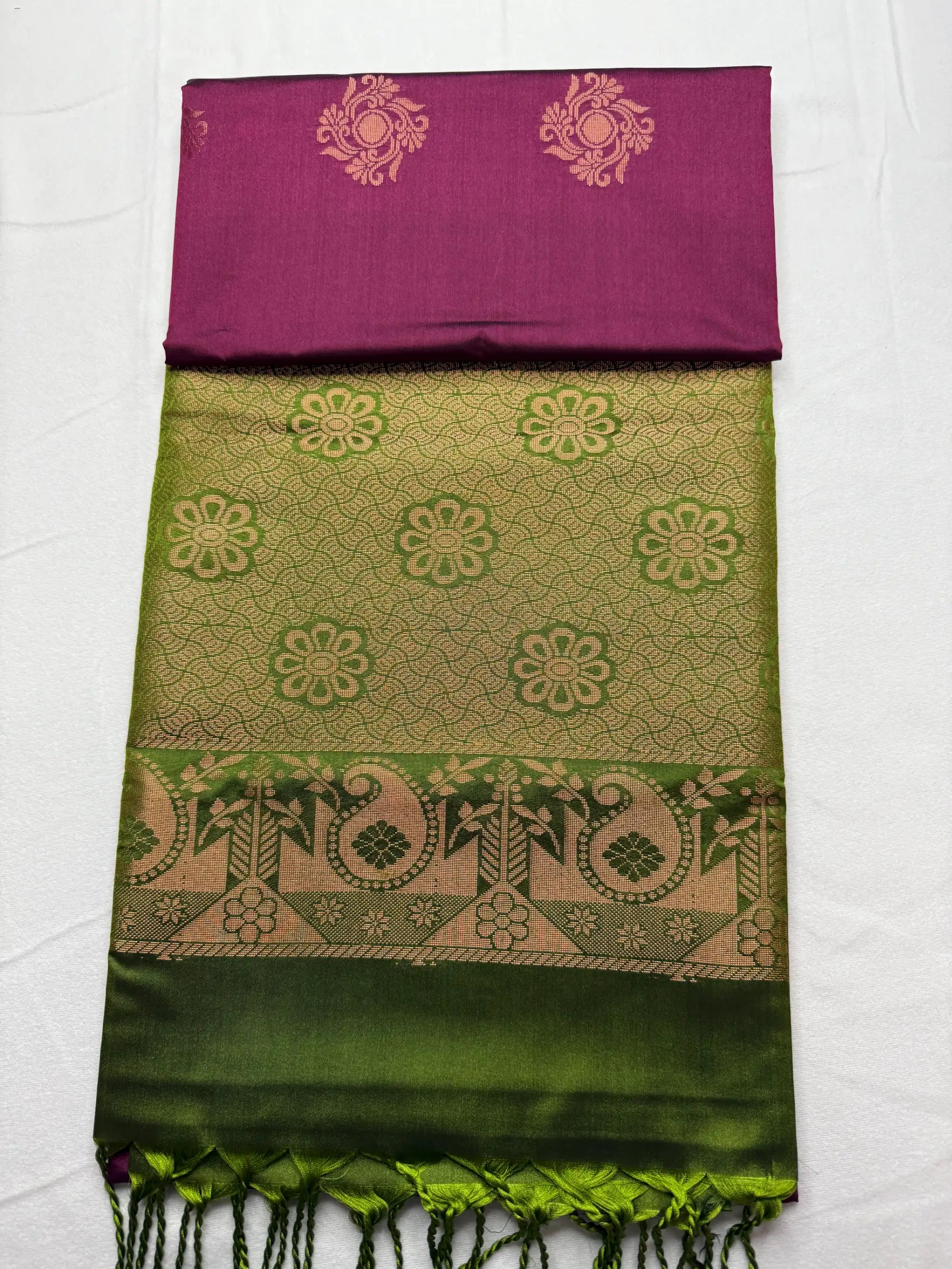 Wine Red & Sage Green – Soft Silk Saree with Peacock Motifs -SKU: J4-003